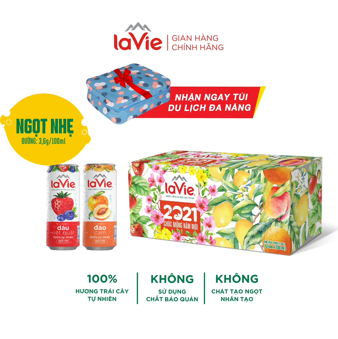 [Freeship Max + Qùa tặng cao cấp] [DVQ-CĐ] Thùng 12 lon Nước uống vị trái cây có ga La Vie - Dâu Việt Quất & Cam Đào (12 lon x 330ml/lon)