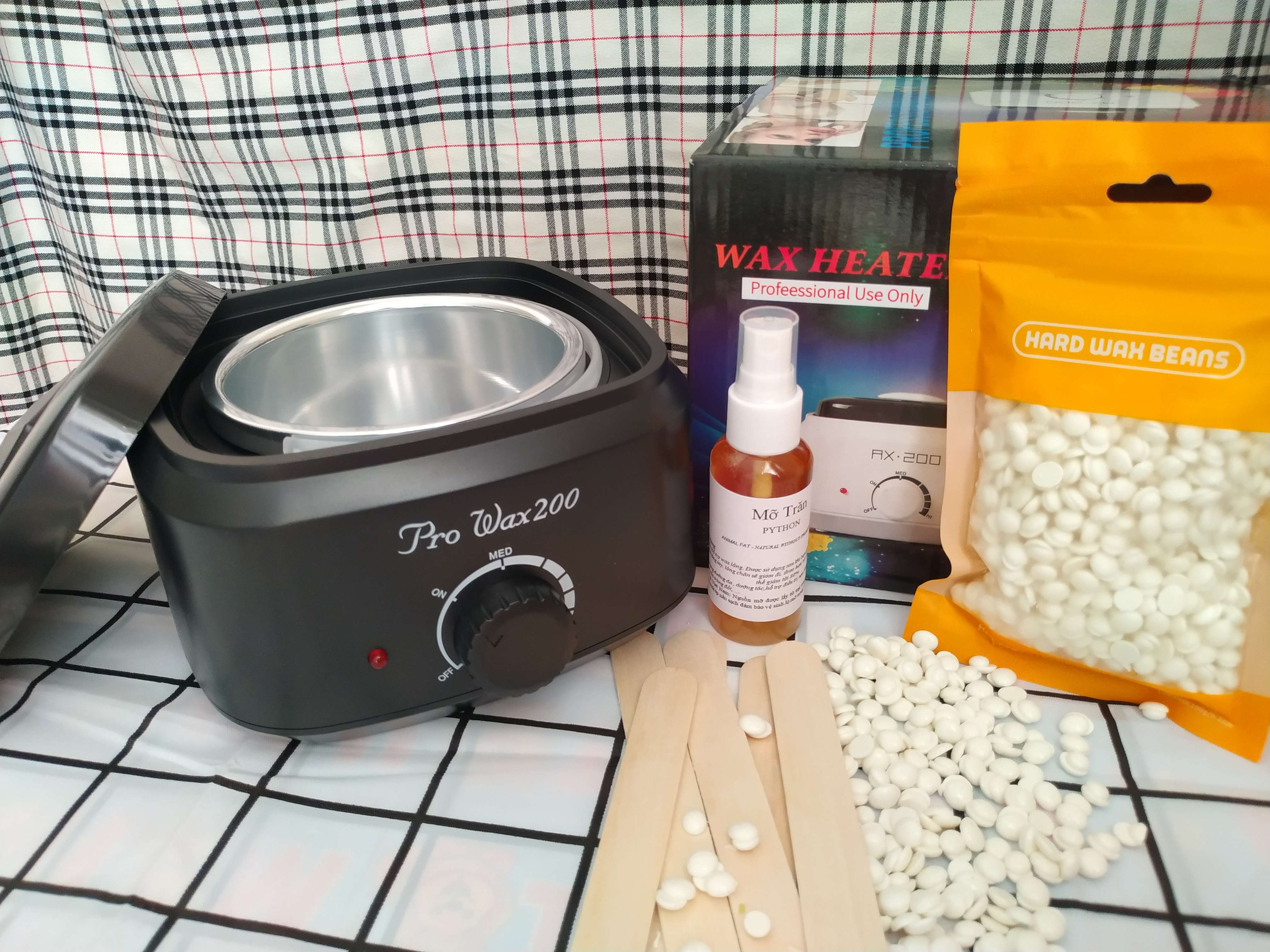 Combo Nồi nấu sáp wax lông prowax 200 + Sáp wax lông sữa dừa coconut + Mỡ Trăn + Tặng kèm que gỗ
