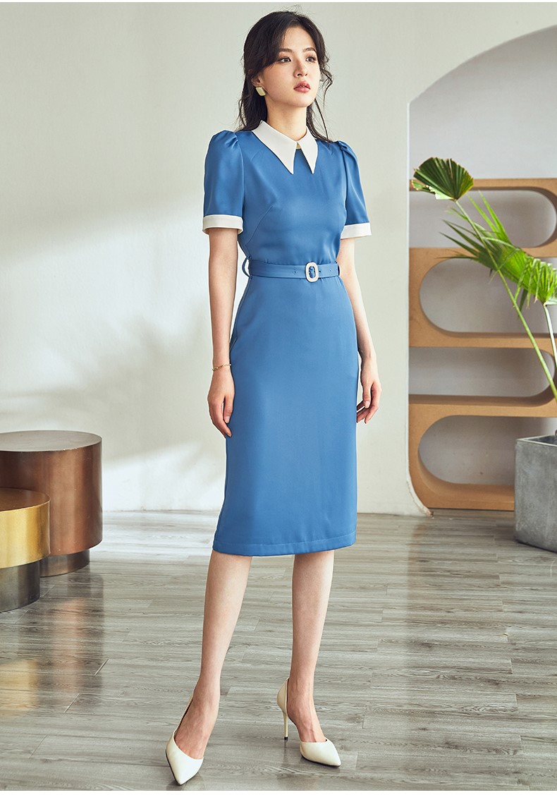 Đầm body bút chì phối cổ sơ mi trắng xanh