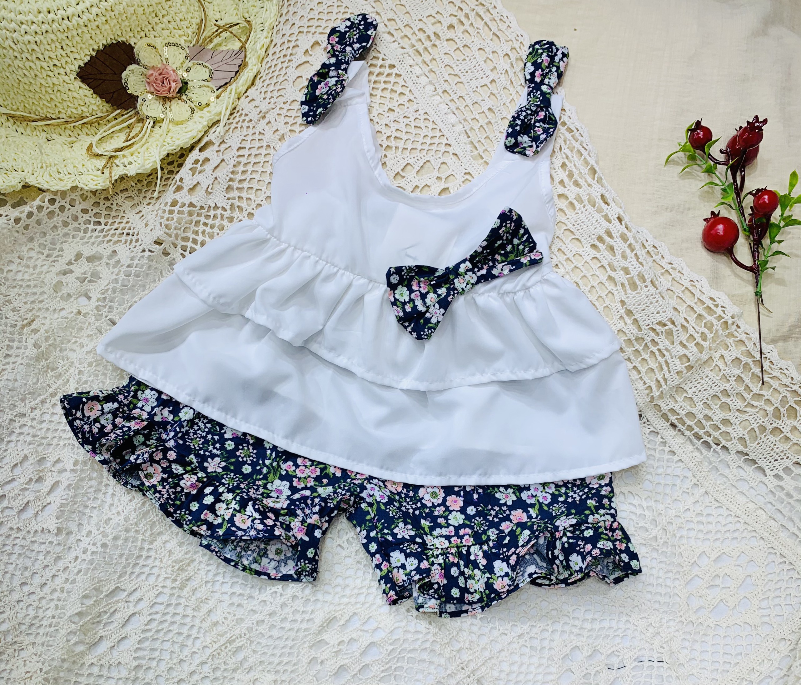 Bộ đũi 2 dây bé gái phối nơ siêu xinh chất thô mềm mát- Min's Baby