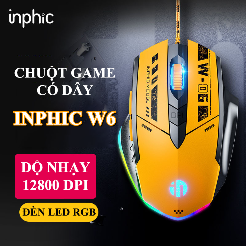 Chuột gaming có dây INPHIC W6 thiết kế kiểu dáng xe đua có đèn led RGB cực đẹp với độ nhạy chuột lên đến 12800DPI