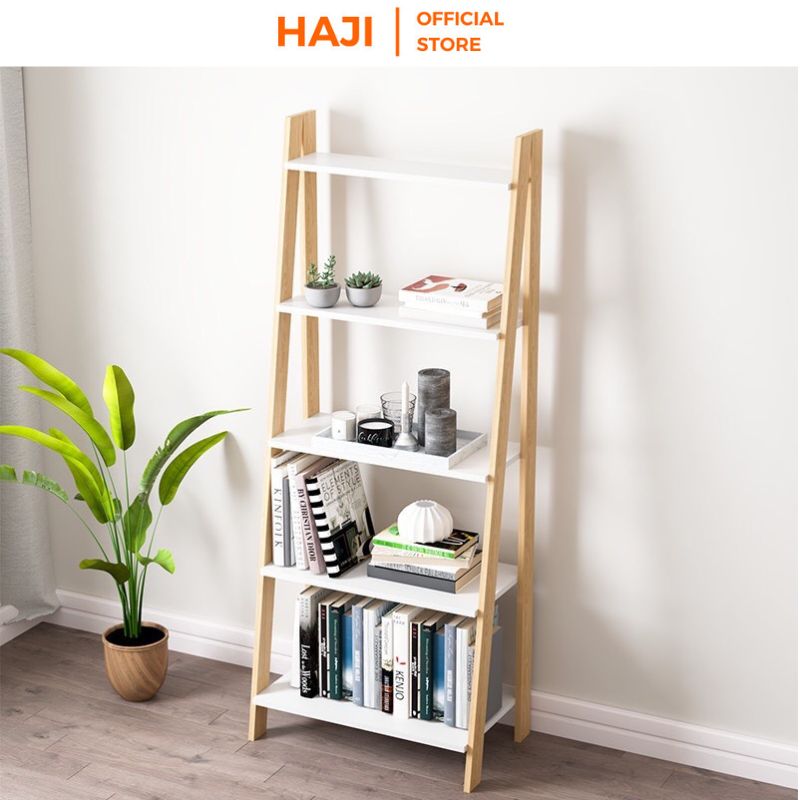 Kệ sách hình thang để sàn chắc chắn chống đổ, Kệ gỗ trang trí, trưng bày sản phẩm đẹp HAJI AP114