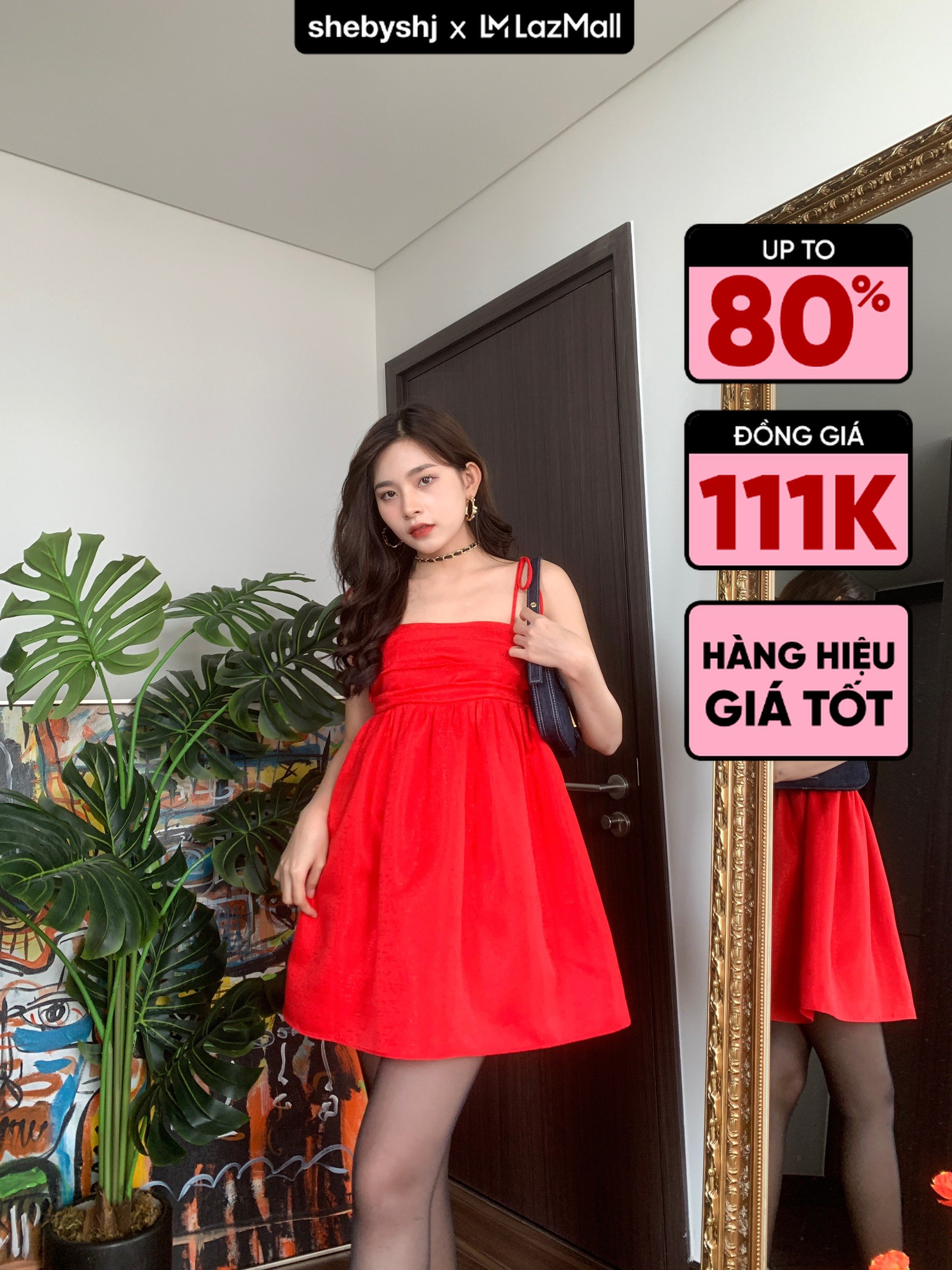 Đầm xoè hai dây SheByShj tafta đỏ - Suri Dress