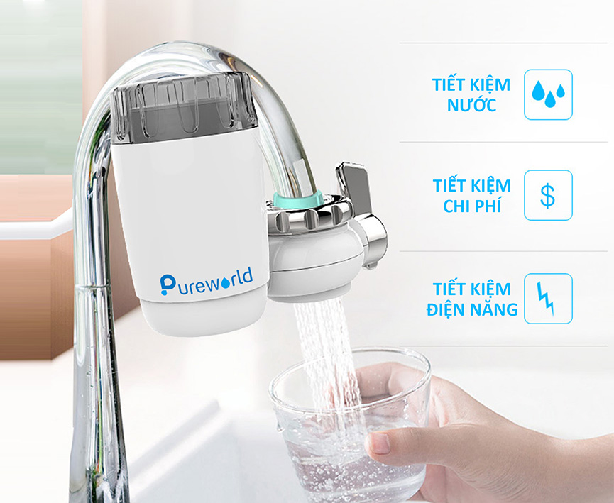 Bộ lọc nước tại vòi công nghệ siêu lọc ceramic 6 lớp - không dùng điện dễ lắp đặt phù hợp mọi kiểu dáng vòi nước - Pure World PW-C1