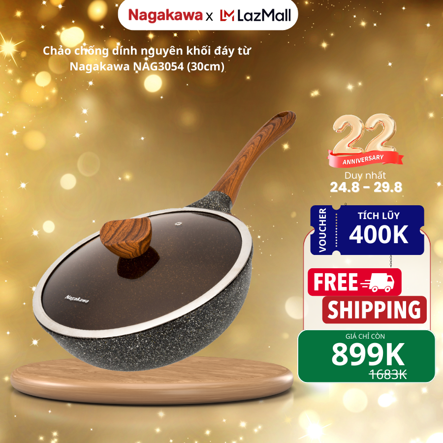 Chảo chống dính nguyên khối đáy từ Nagakawa NAG3054, size 30cm, vung kính cường lực, sử dụng được trên mọi loại bếp, tặng kèm muôi gỗ
