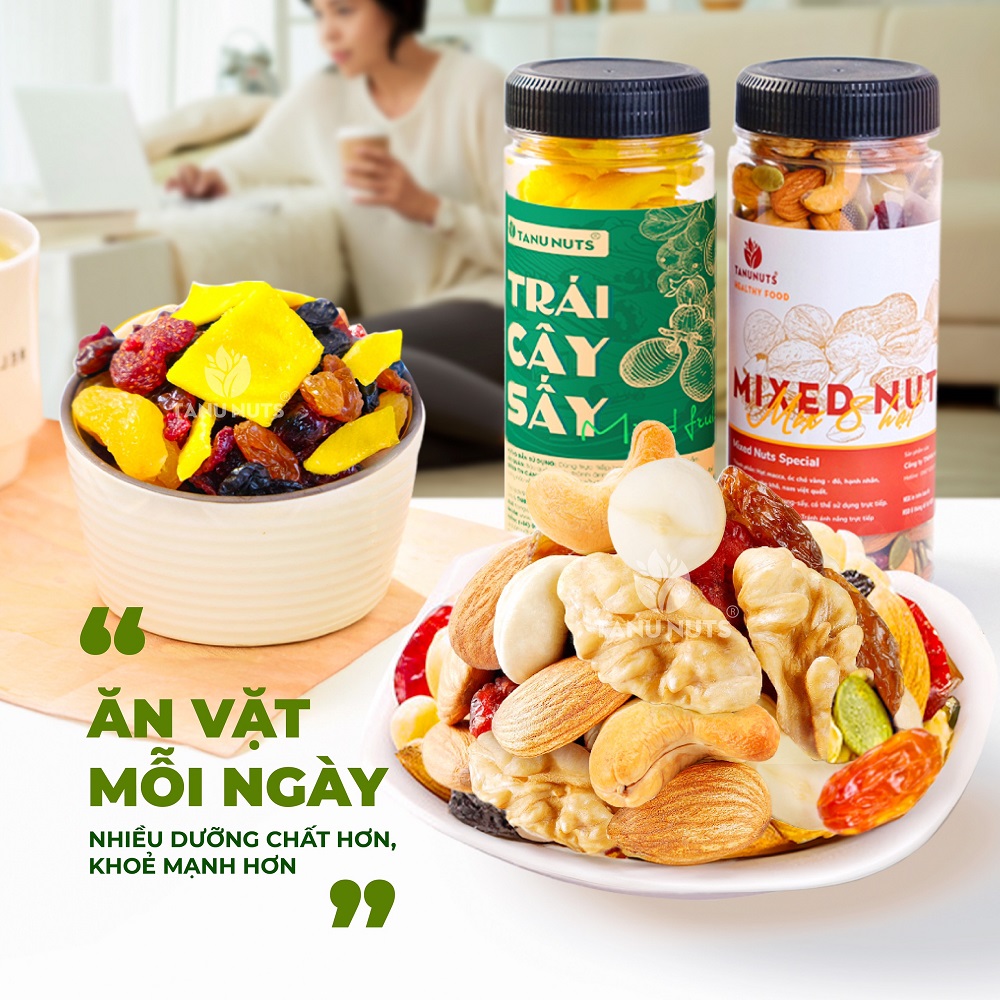 Combo hạt dinh dưỡng mix hũ 350g và trái cây sấy dẻo hũ 400g tanu nuts