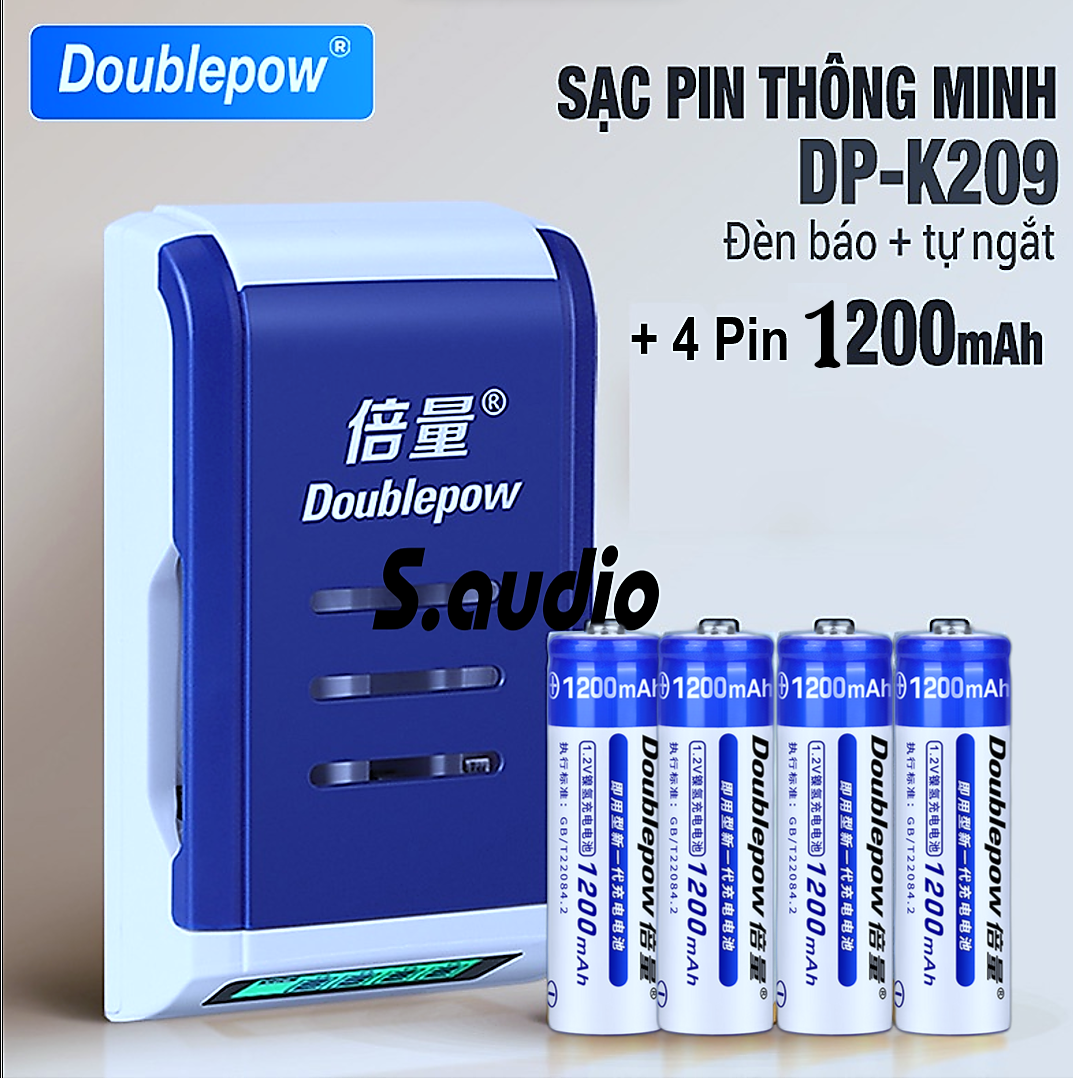 Bộ Sạc Pin AA/AAA + 4 Pin SạcAA 1200mah / Sạc Pin Tiểu Doublepow DP-K209 Dòng Sạc Nhanh, Tự Ngắt | Hàng Chính Hãng
