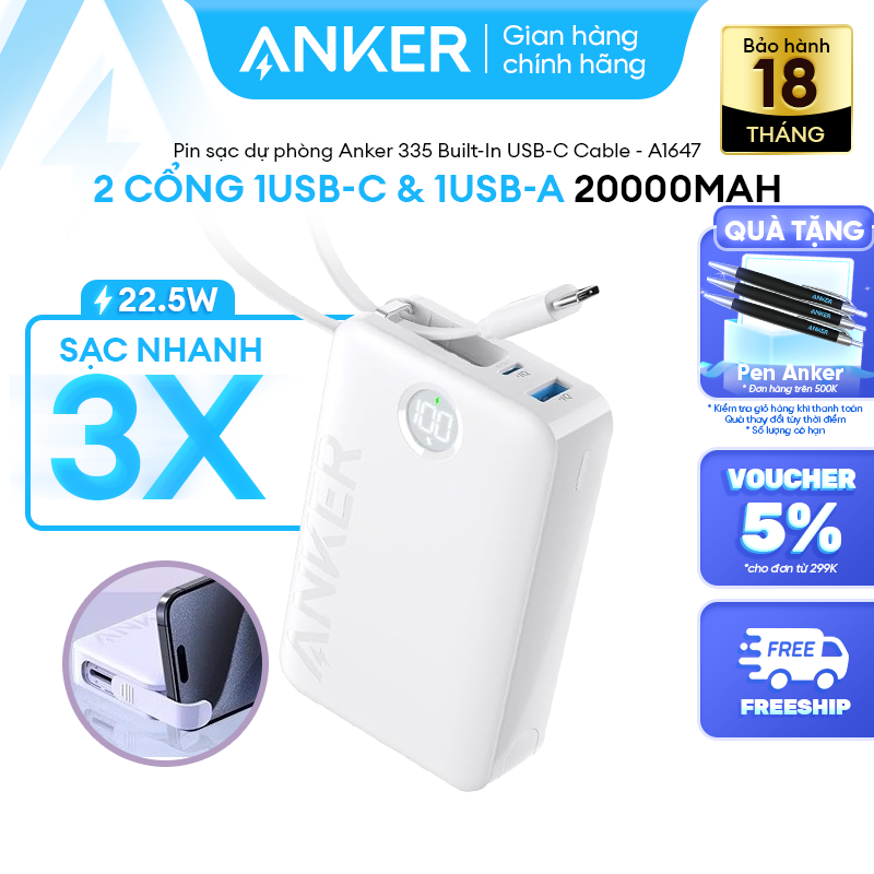 Pin Sạc Dự Phòng ANKER 335 20000mAh 22.5W (Built-In USB-C Connector) - 02 cổng sạc (1USB-C & 1USB-A) - A1647