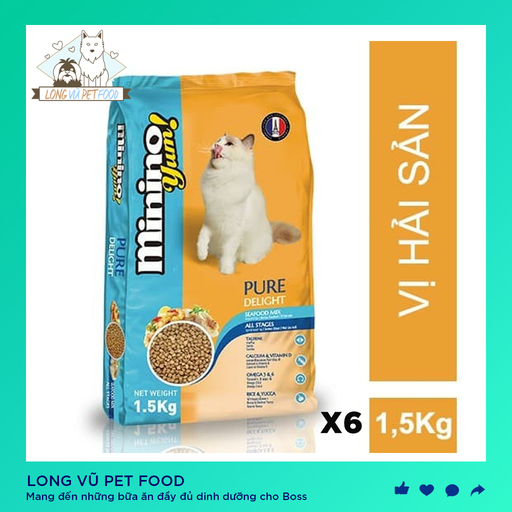Thức ăn cho mèo Minino Yum thùng 9kg (6 túi x 1.5kg), hạt cho mèo với công thức được giữ nguyên, màu của hạt thức ăn là màu nguyên chất của nguyên liệu tạo ra hạt, không nhuộm phẩm màu