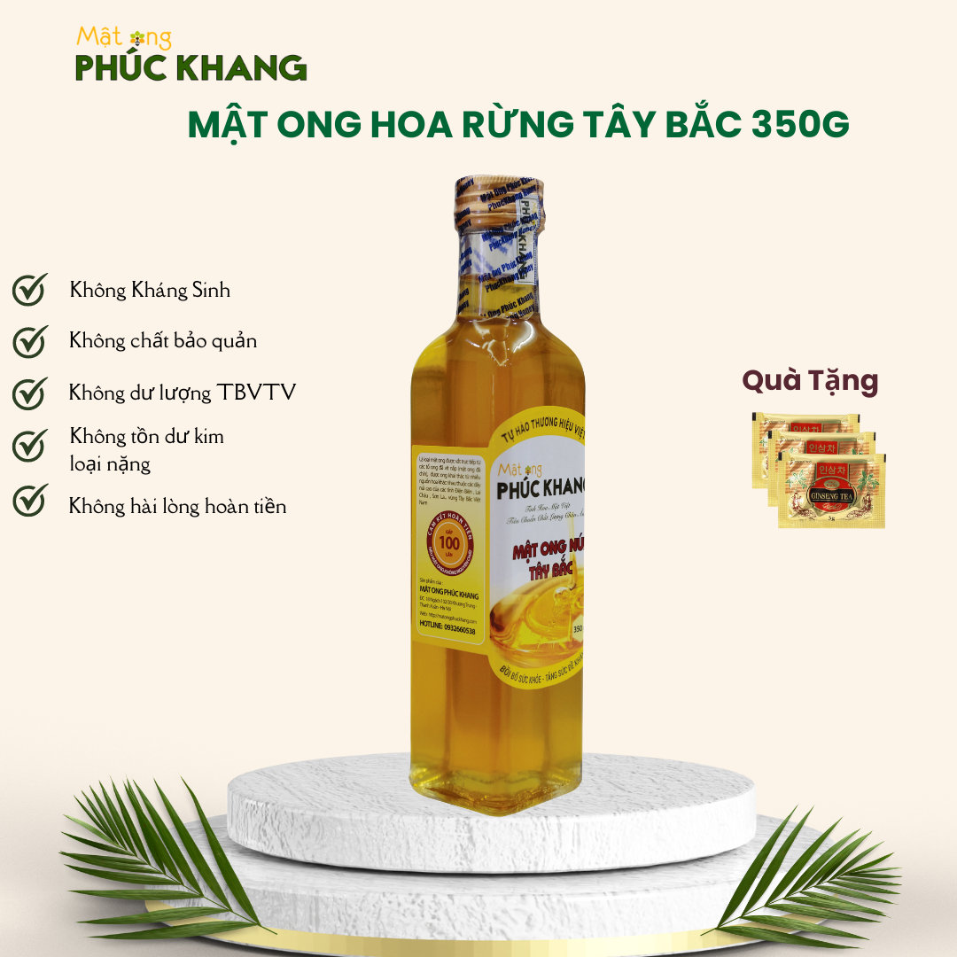 Mật ong rừng Tây Bắc Phúc Khang 350G - Chai thủy tinh cao cấp - Thu hoạch tự nhiên - Đạt chuẩn xuất khẩu - Không nhiễm hóa chất, Kháng sinh, Kim loại nặng, Chất bảo vệ thực vật - An toàn cho gia đình - Sản phẩm đạt ISO 22000-201