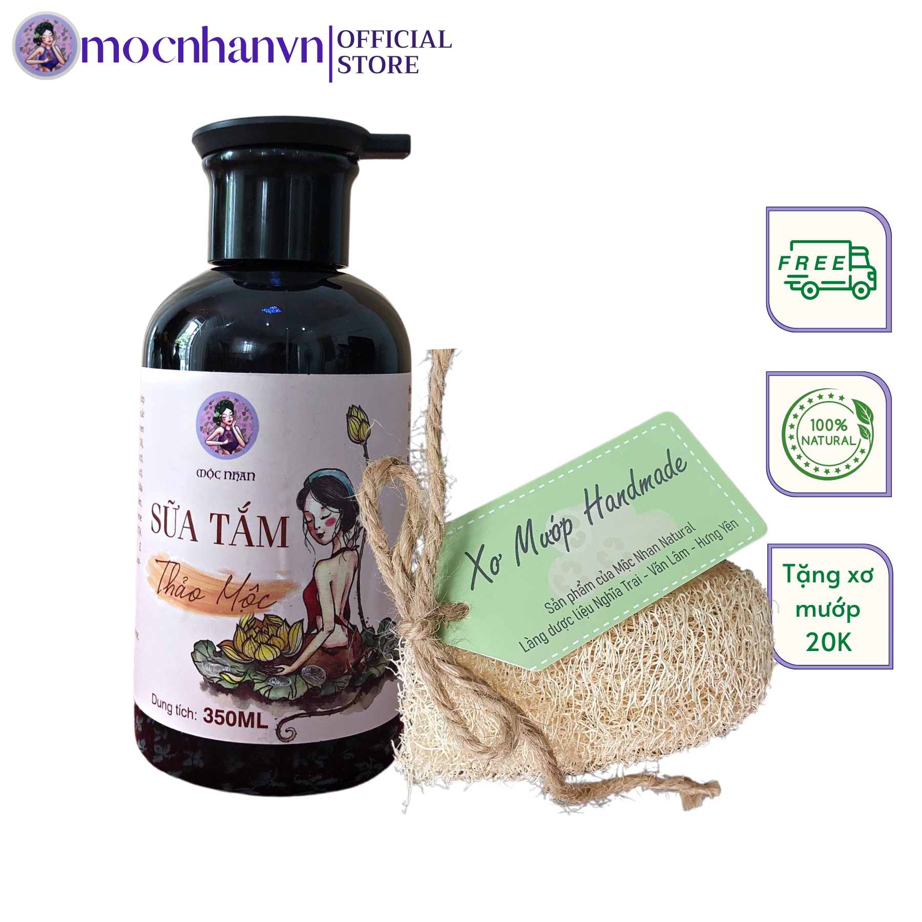 Sữa tắm thảo mộc Ả Đào Mộc Nhan, tẩy da chết cấp ẩm trắng mịn tự nhiên, tặng xơ mướp handmade