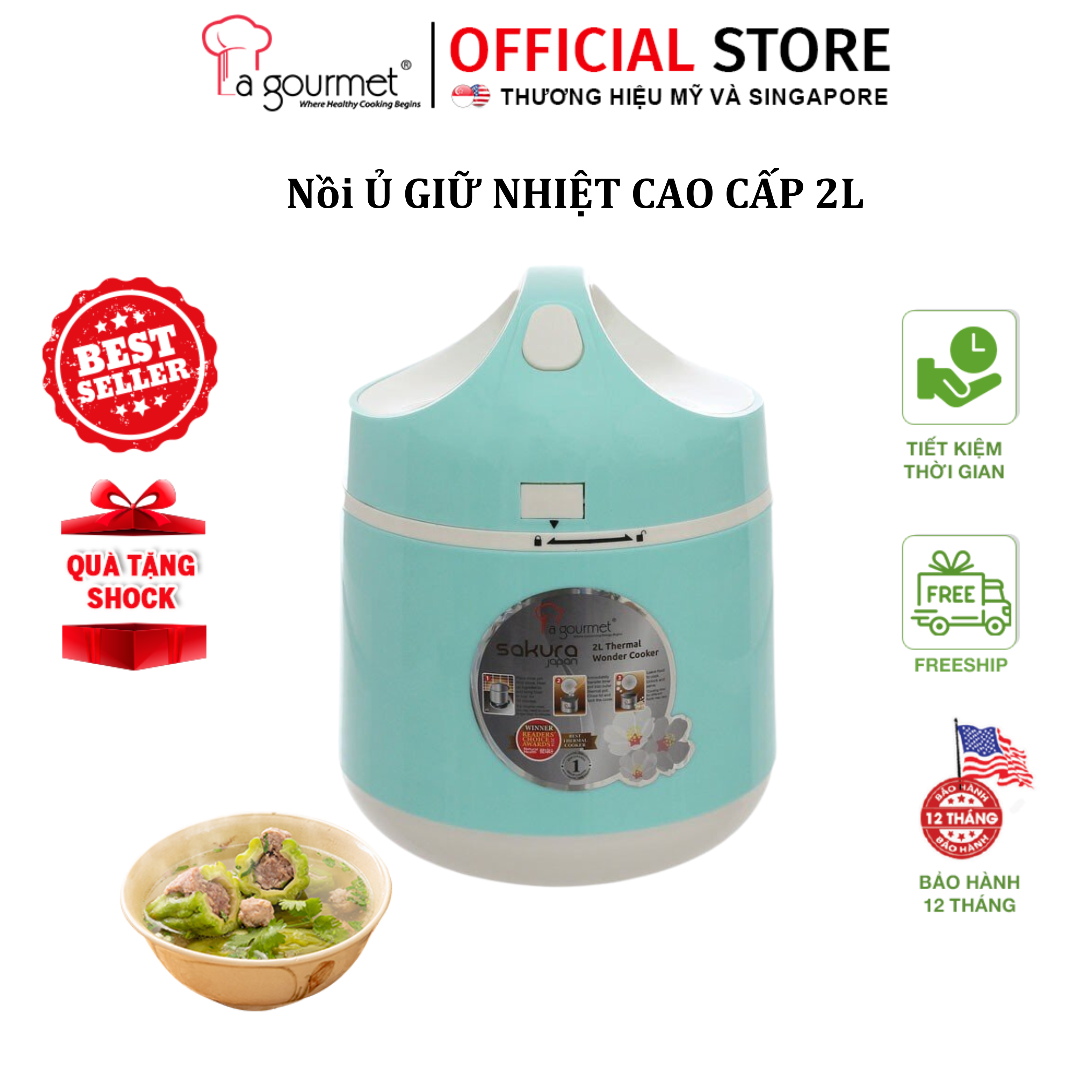 Nồi ủ chân không giữ nhiệt đa năng La gourmet Nóng 6h-8h Lạnh 12h Inox 304 sử dụng bếp từ nồi nấu chậm làm mềm La gourmet 2L (xanh)- Inox 304 cao cấp-lòng nồi thép không gỉ - chính hãng bảo hành 1 năm-Thermal cooker - 267849