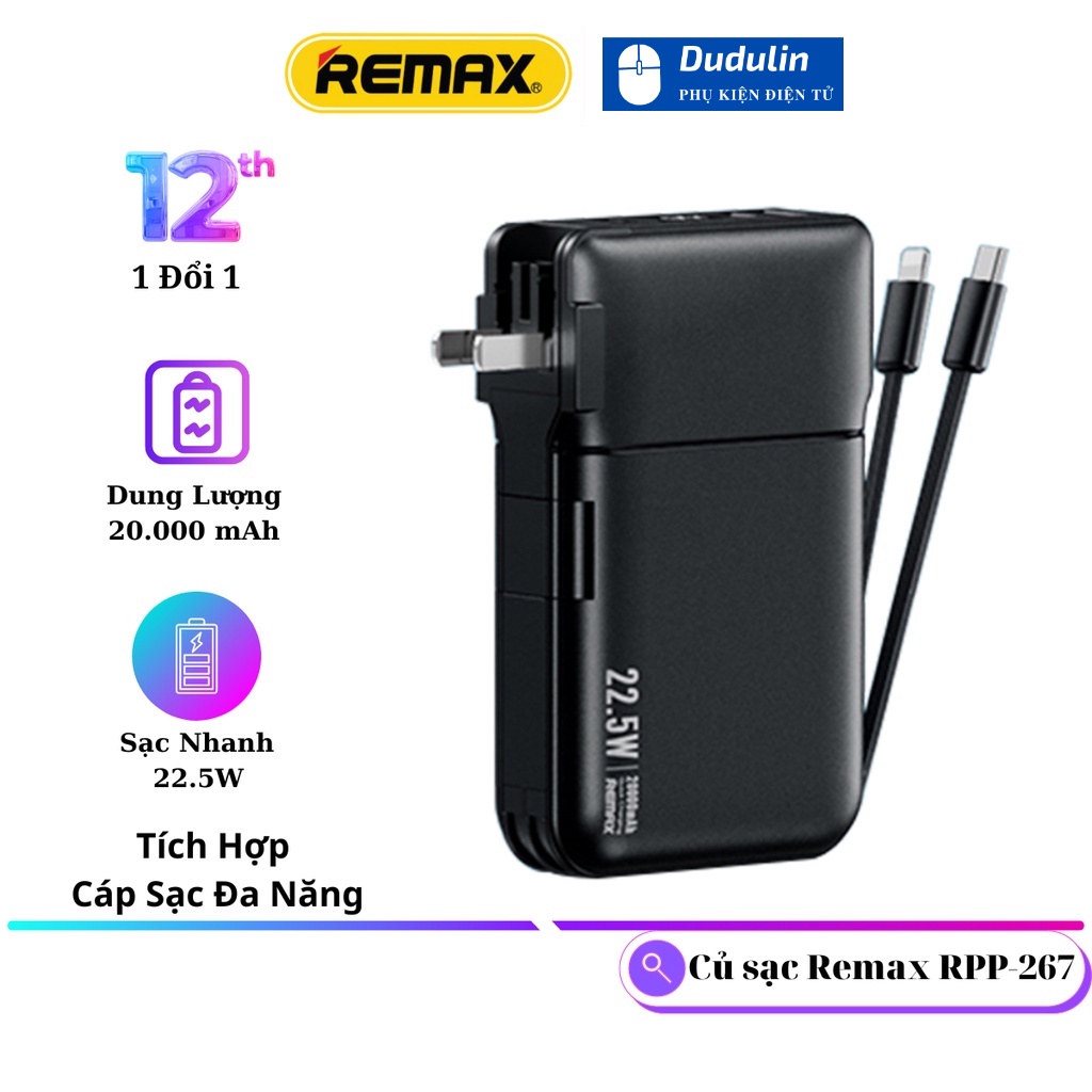 Sạc dự phòng đa năng remax rpp-267 20000mah - tích hợp cáp sạc tiện lợi kiêm củ sạc - sạc nhanh 22.5w 30' đầy 50% pin