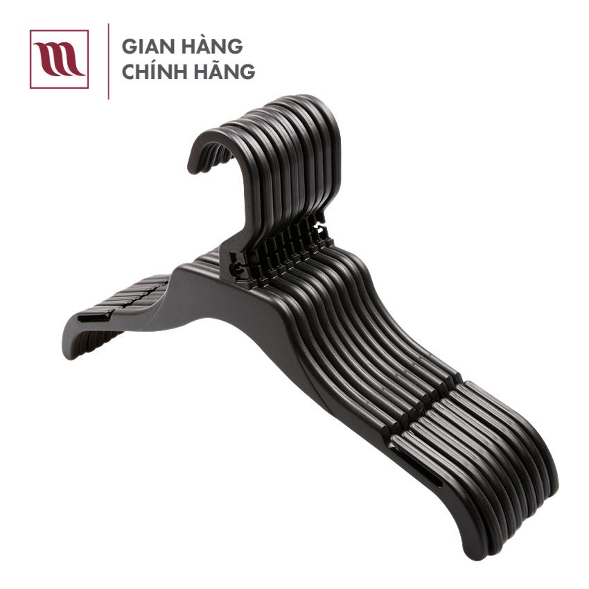 Combo 10 Móc treo áo người lớn cao cấp size vừa, chính hãng Mainetti, làm từ nhựa cao cấp, có rãnh 2 bên giúp cố định quần áo, màu đen