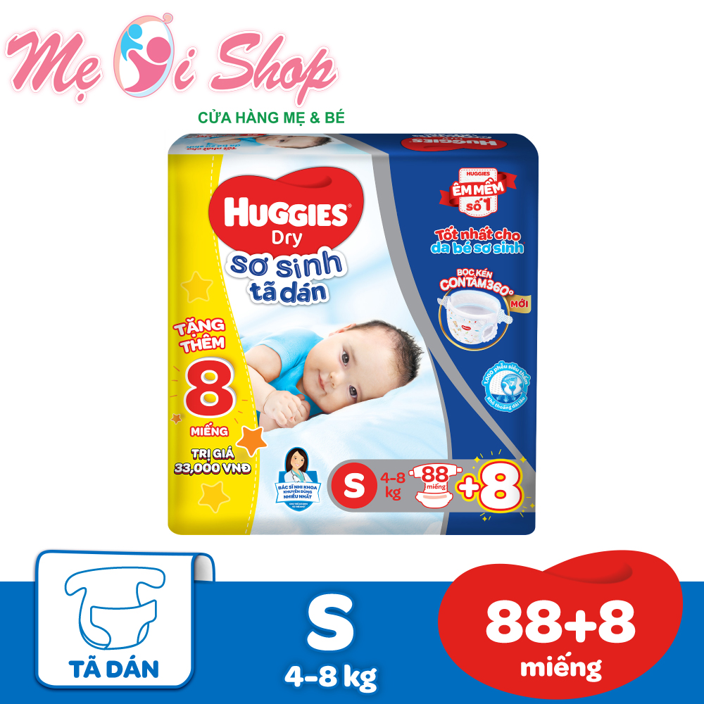Tã-Bỉm Dán Sơ Sinh Huggies dry bọc kén con tằm S88 - 88 miếng (4Kg - 8Kg) Tặng Kèm 8 Miếng