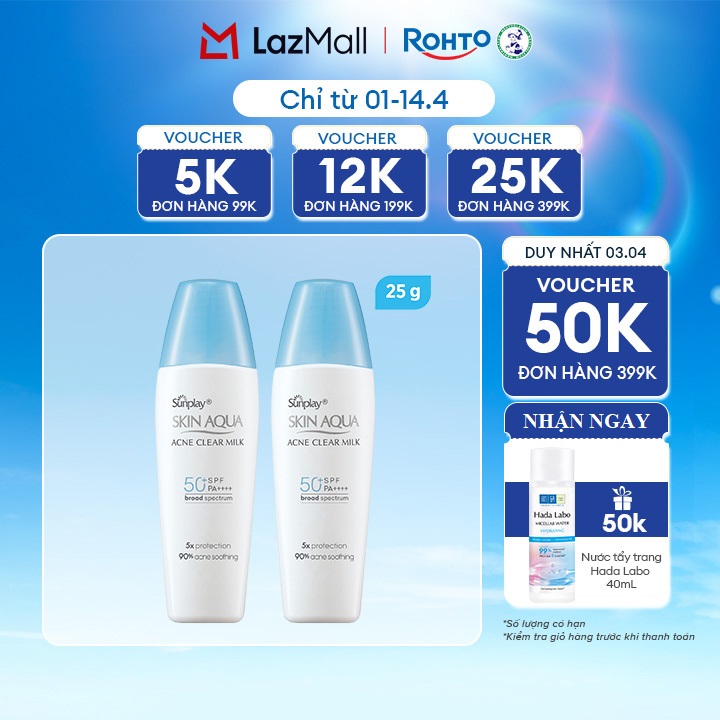 [VB] Bộ 2 Kem chống nắng Skin Aqua cho da mụn, dạng sữa dùng hàng ngày Sunplay Skin Aqua Acne Clear Eco Việt Nam SPF 50, PA++++ 25g