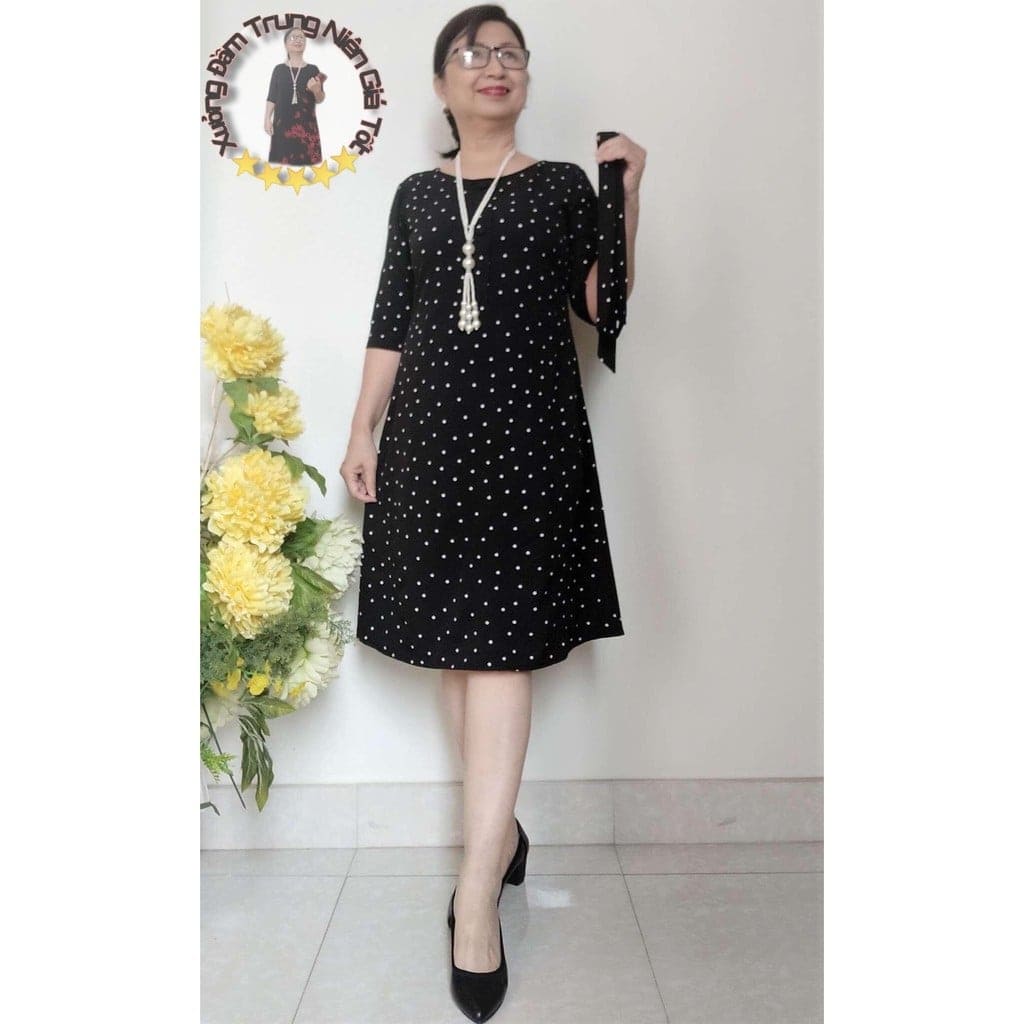 [HCM]Đầm Xòe Trung Niên Tay Lửng Vải Chéo Thái Co Giãn