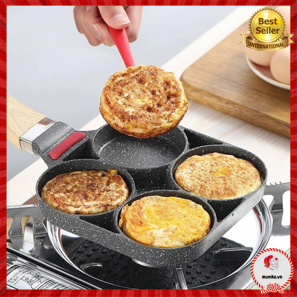 Chảo Chiên Trứng 4 Ngăn Chống Dính Đa Năng - Chảo Vân Đá Chiên Rán Làm Bánh 4 Ngăn 4 Lỗ Chống Dính