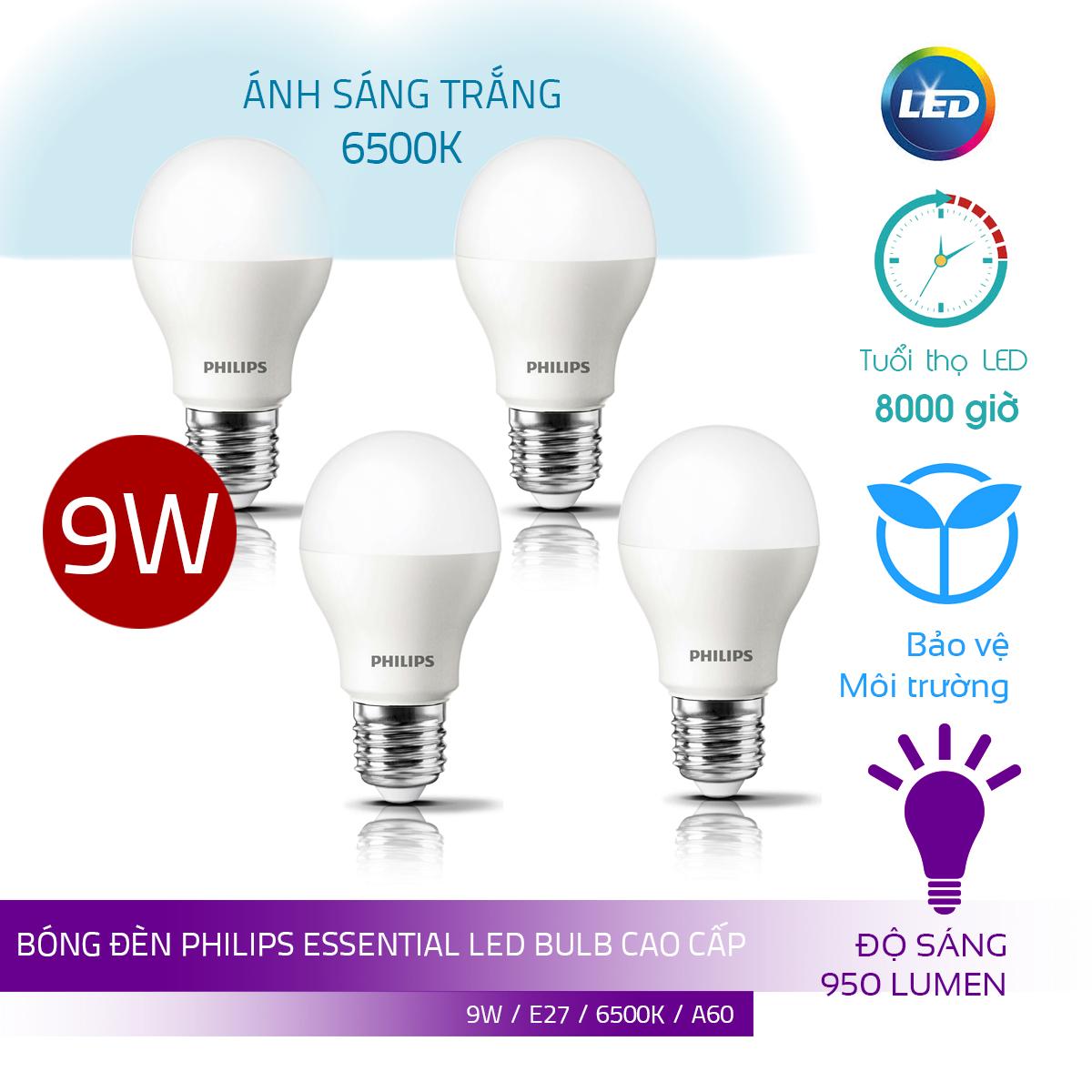 Combo 4 bóng philips led bulb essential 9w e27