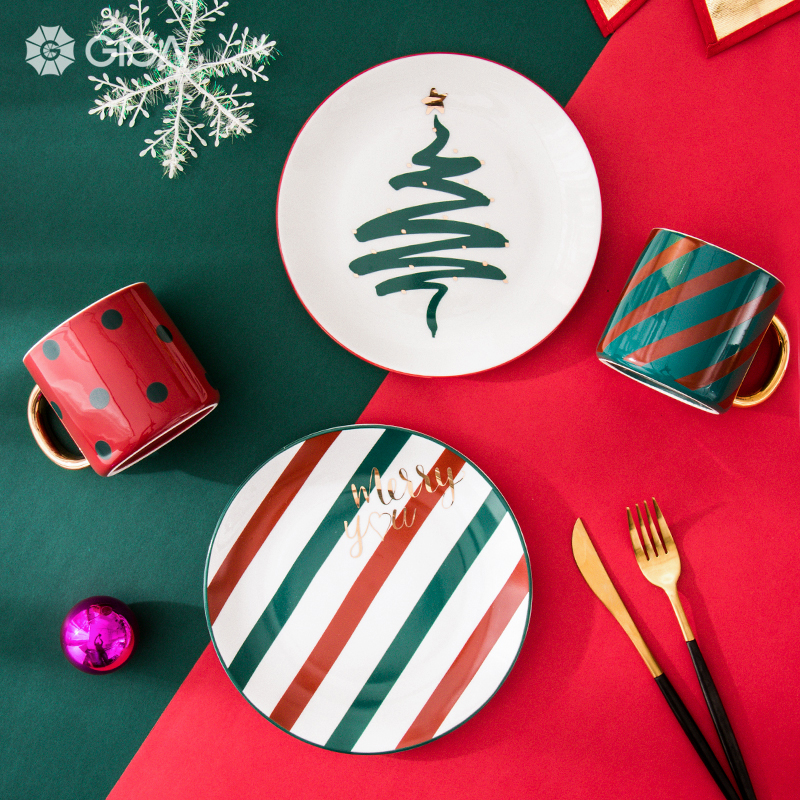 GIGA ESSENTIAL Đĩa sứ Ngày Giáng sinh Châu Âu và Châu Mỹ/Cốc đôi/Đĩa bít tết phương Tây/bát cơm/cốc/Bộ Đồ Ăn Quà Tặng