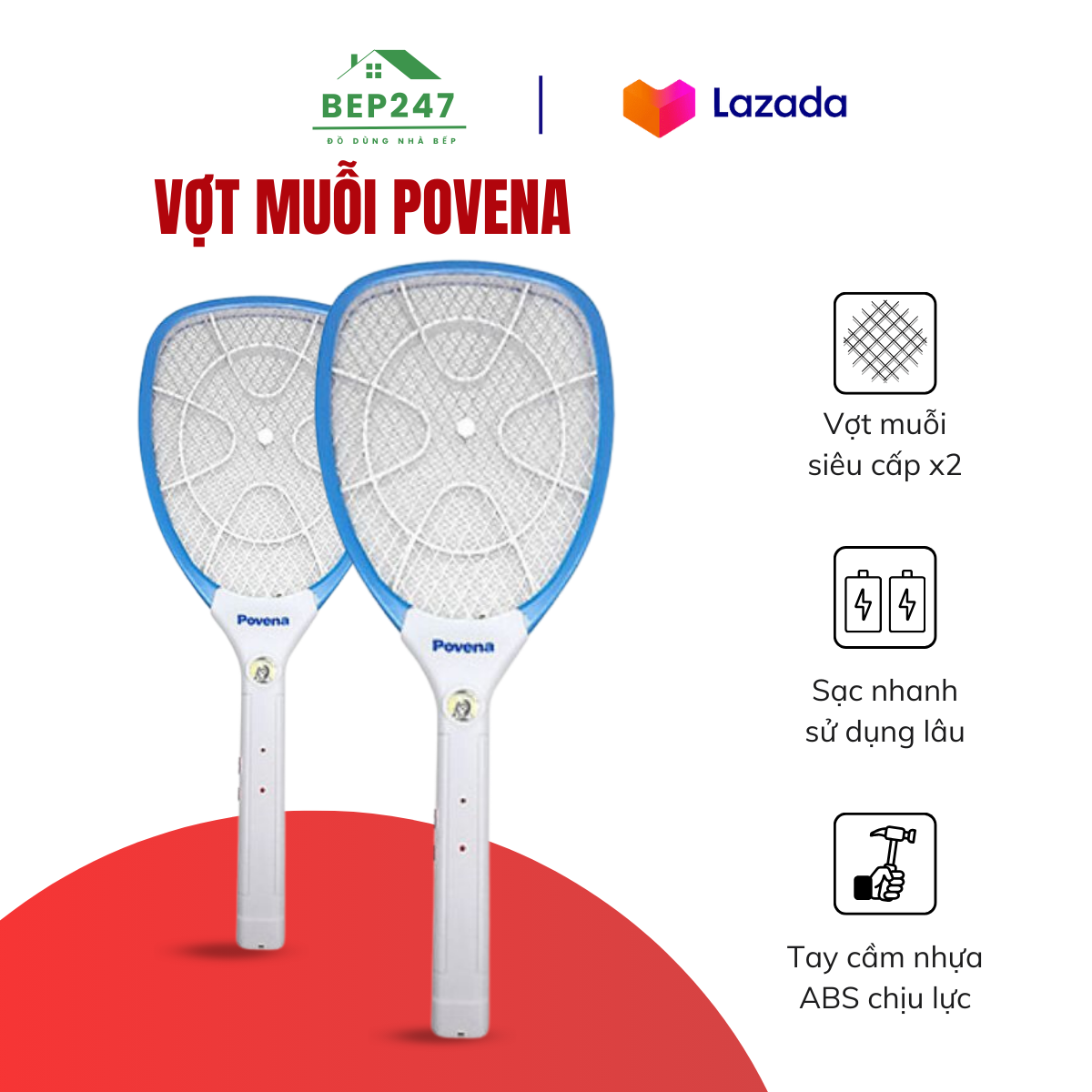 Vợt muỗi điện cao cấp chính hãng povena pvn - mq22 có đèn, bảo hành 6 tháng, chất liệu nhựa cao cấp