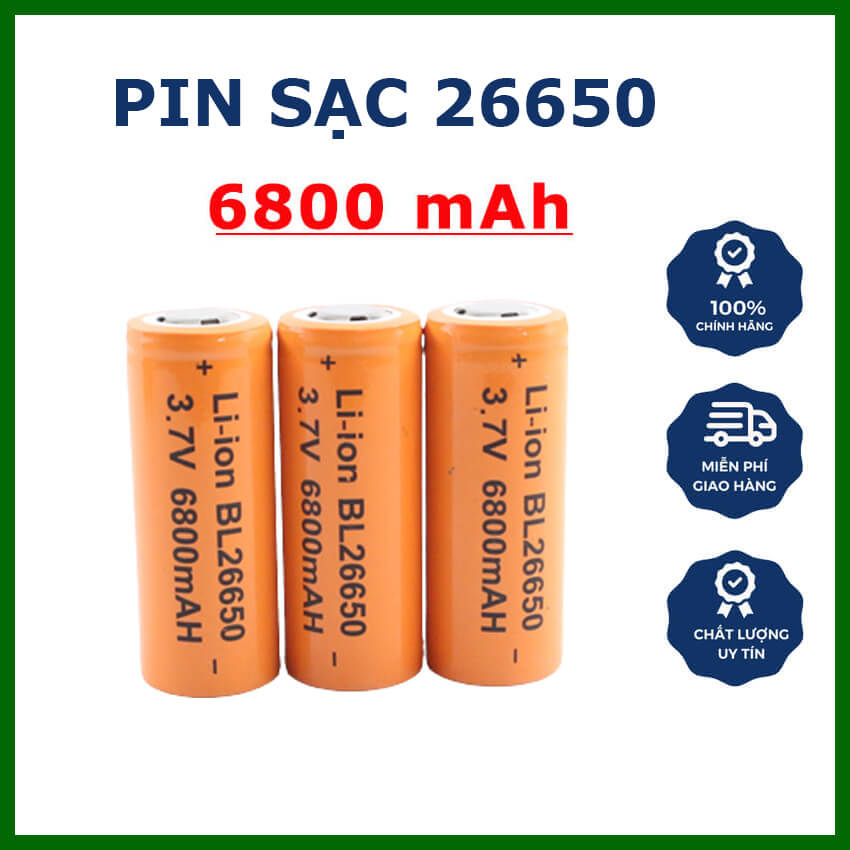 Pin sạc 26650 dung lượng lớn 6800mah dòng xả cao 10a đầu bằng, cell bin 26650 3.7v cho đèn pin siêu sáng, sạc dự phòng, quạt mini