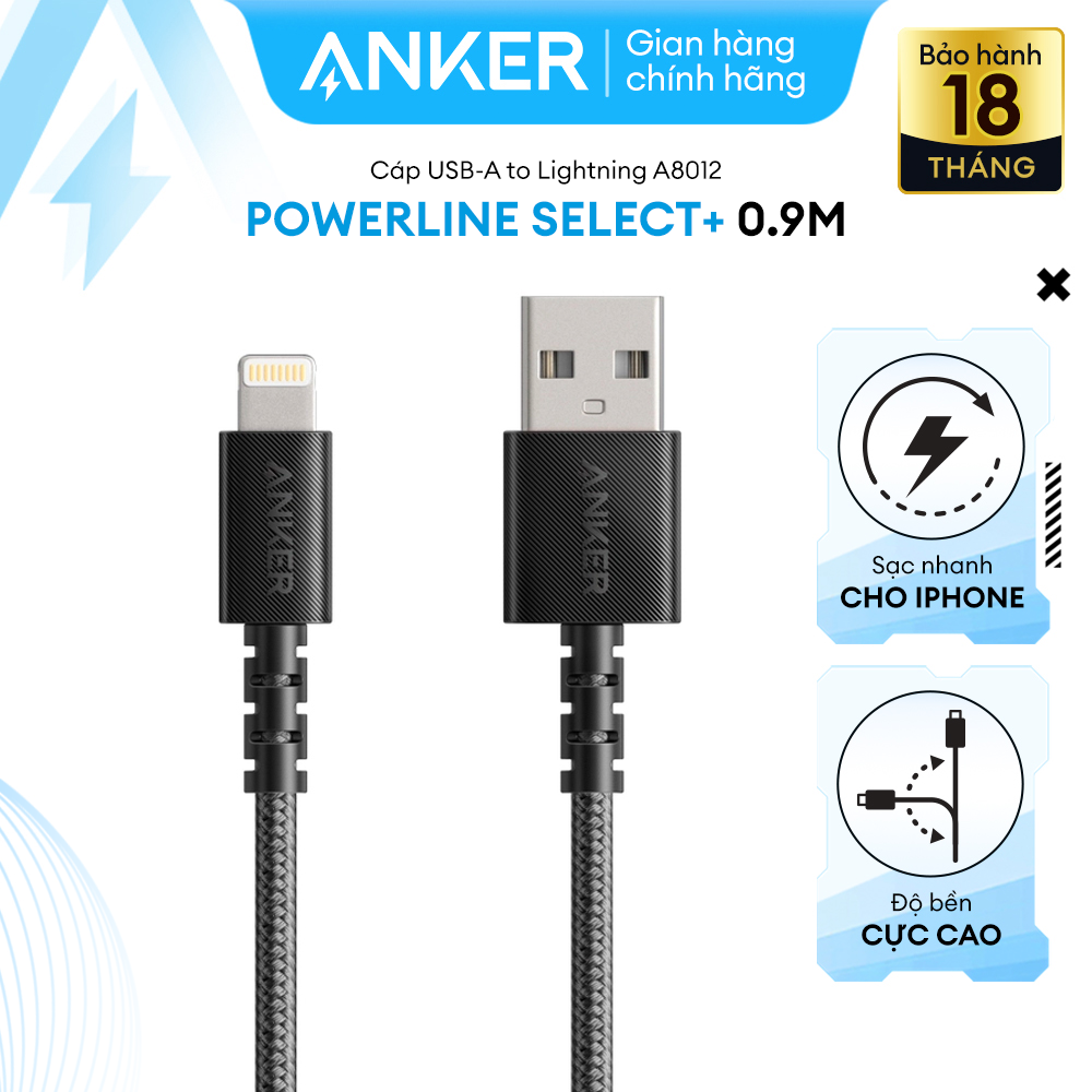 Cáp sạc anker powerline select+ lightning dài 0.9m - a8012
