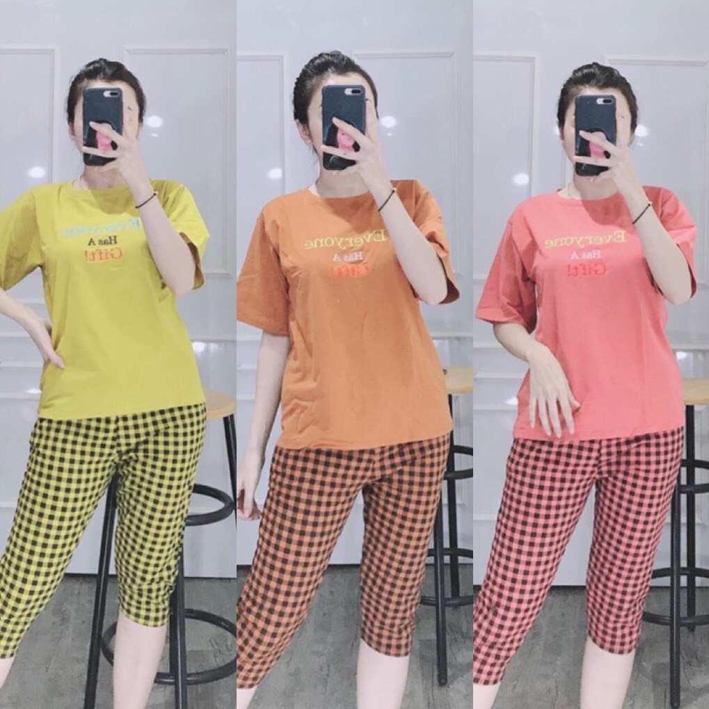 [HCM]ĐỒ BỘ COTTON LỬNG ÁO THÊU QUẦN CARO (ẢNH THẬT KỀM VIDEO) CÓ SIZE 40-75KG - CT15