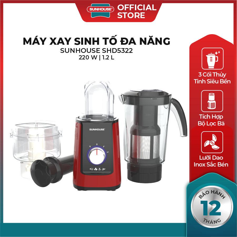Máy Xay Sinh Tố Đa Năng SUNHOUSE SHD5322 - Công Suất 220W - 3 Cối Nhựa PC Siêu Bền - Lưỡi Dao Inox Sắc Bén - 3 Chế Độ Xay Nhồi - Bảo hành 12 tháng - Hàng Chính Hãng