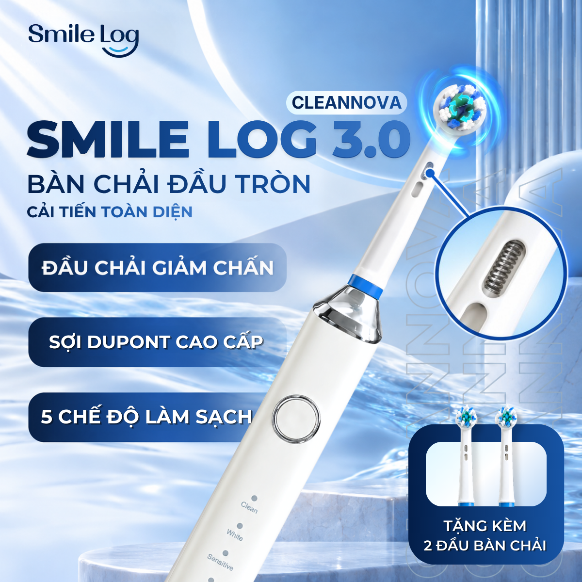 [New Arrival] Smile Log 3.0 Cleannova Round Head Electric Toothbrush, Improved Version of the Brush Head with Damping Technology, 5 Modes of Plaque Cleaning, 40-Day Battery Life, Ipx7 Water Resistance