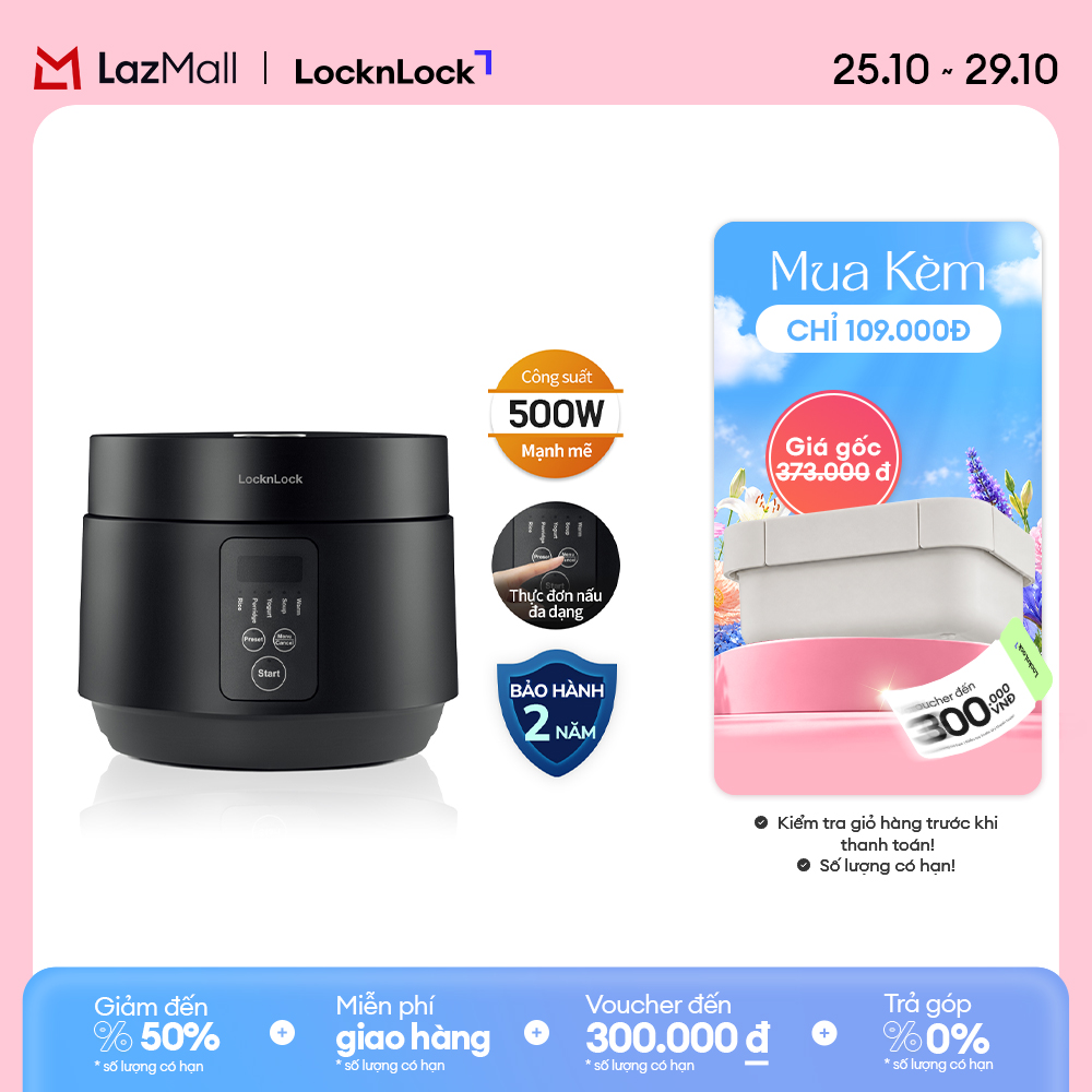 EJR346BLK - Nồi cơm điện đa năng LockLock 1.2L - 5 chế độ nấu, Hẹn giờ và giữ ấm đến 24h, Có làm sữa chua - Hàng chính hãng
