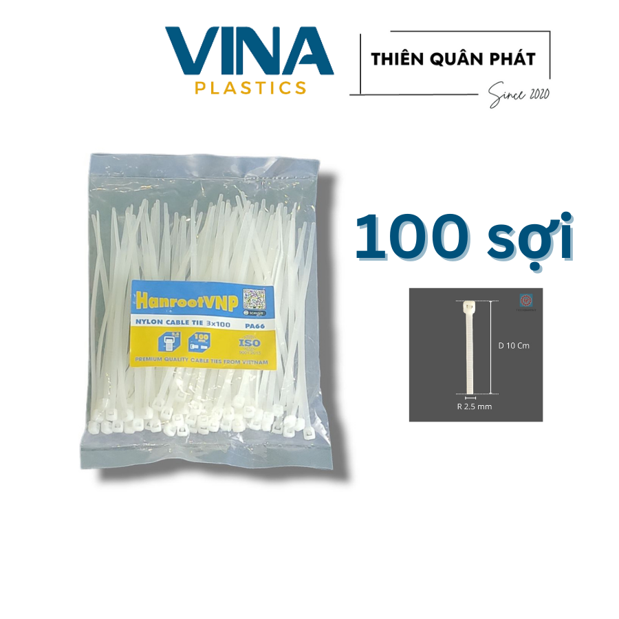 Bịch 100 sợi dây rút nhựa trắng 10 cm bản rộng 2.5 mm chất liệu nhựa PA66 bền chắc