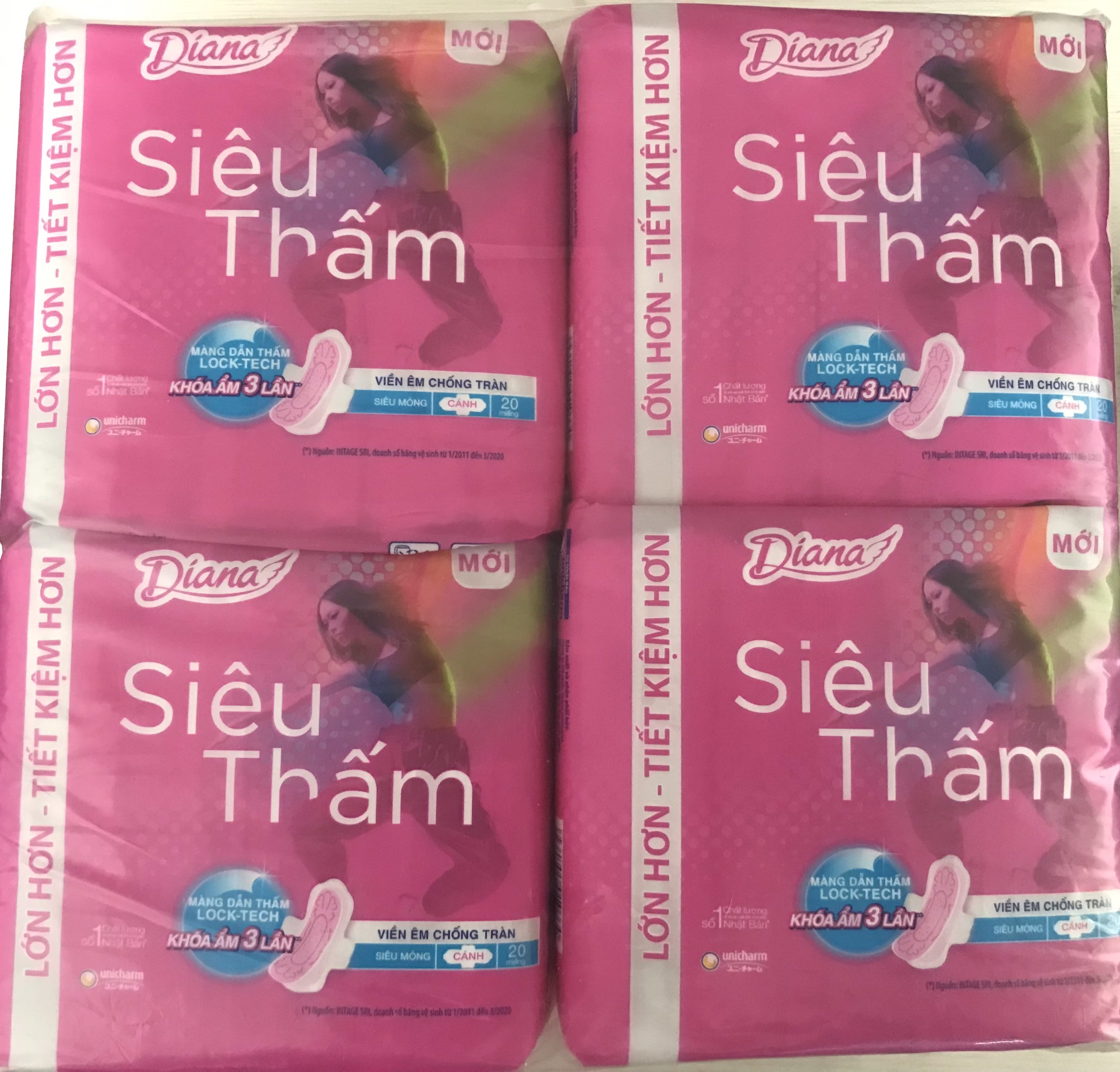 Combo 4 gói bvs diana siêu thấm siêu mỏng cánh gói 20 miếng khoá ẩm x3 lần