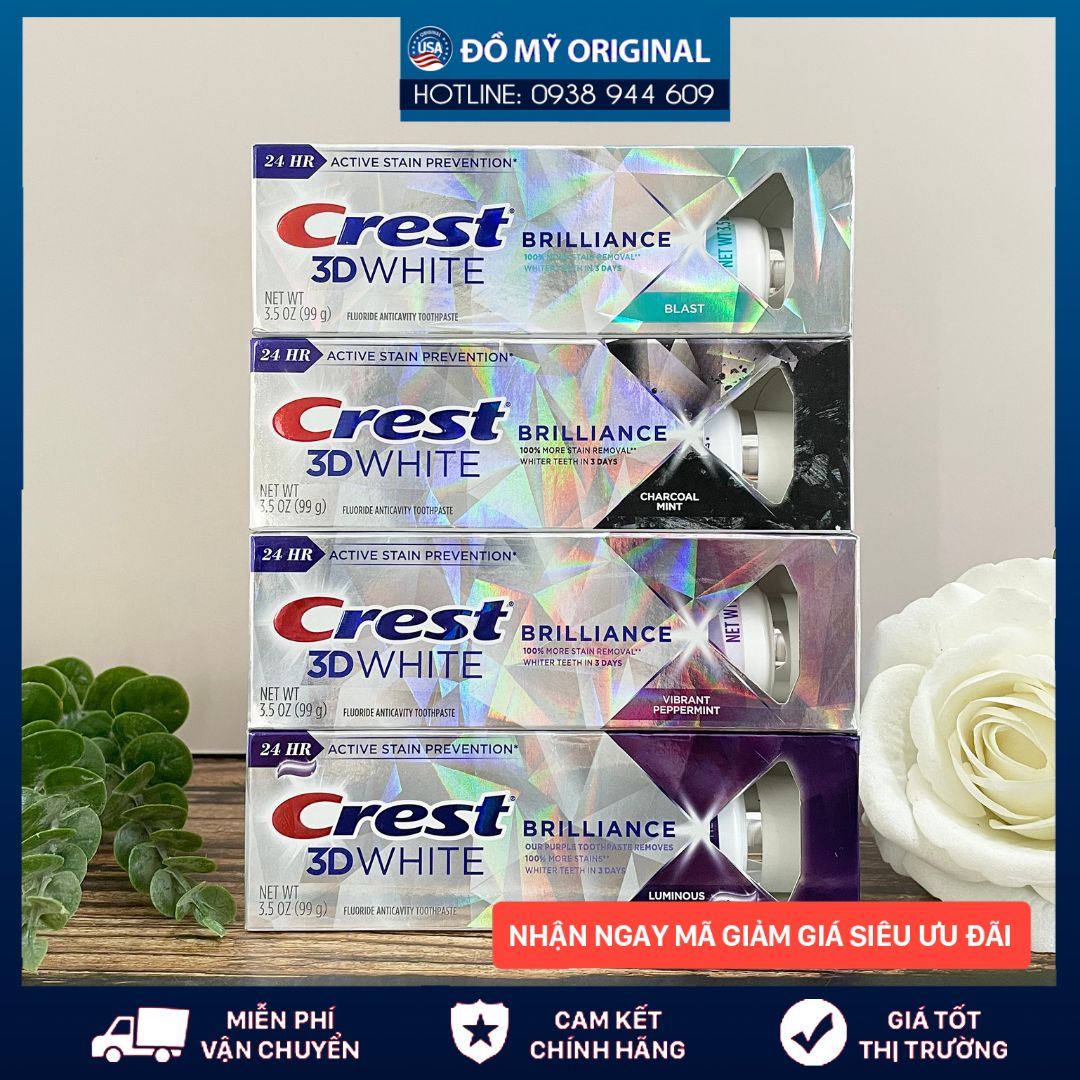 Kem đánh răng crest 3d white brilliance 99g hàng nhập mỹ giúp răng trắng sáng ngăn ngừa sâu răng chống lại các vết bẩn và vi khuẩn