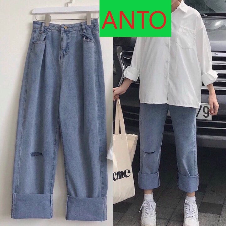 [ MÙI ĐỜI ] QUẦN JEAN ỐNG RỘNG NỮ LƯNG CAO RÁCH GỐI PHẢI MÀU XANH CAO CẤP ANTO ĐỦ SIZE S, M, L LAI CUỐN FORM CHUẨN, CHẤT VẢI DÀY MỊN, SIÊU XỊN SÒ
