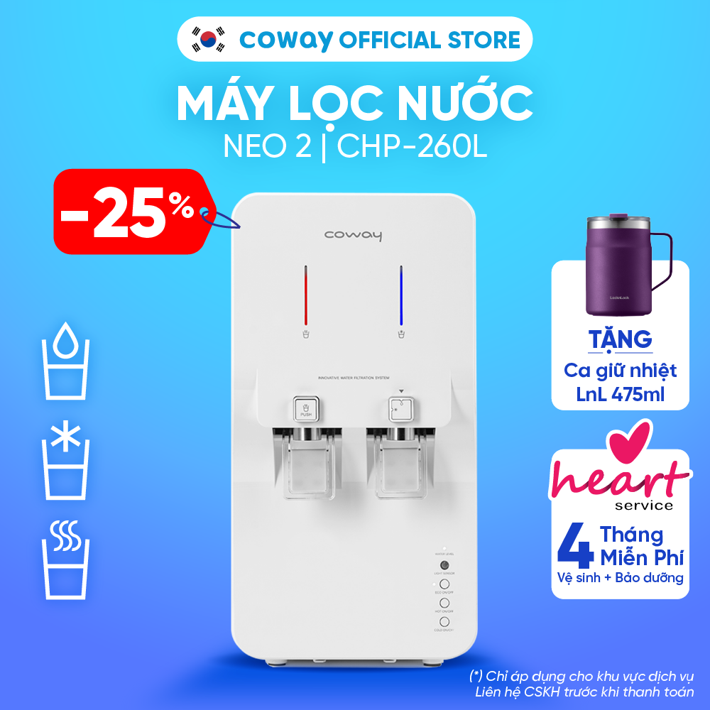 [Chỉ giao HN và TP.HCM] Máy lọc nước Coway Neo 2 CHP-260L  Dung tích 5.8L  Tiết kiệm điện, hệ thống lọc 5 bước giúp sạch khuẩn | Hàng chính hãng