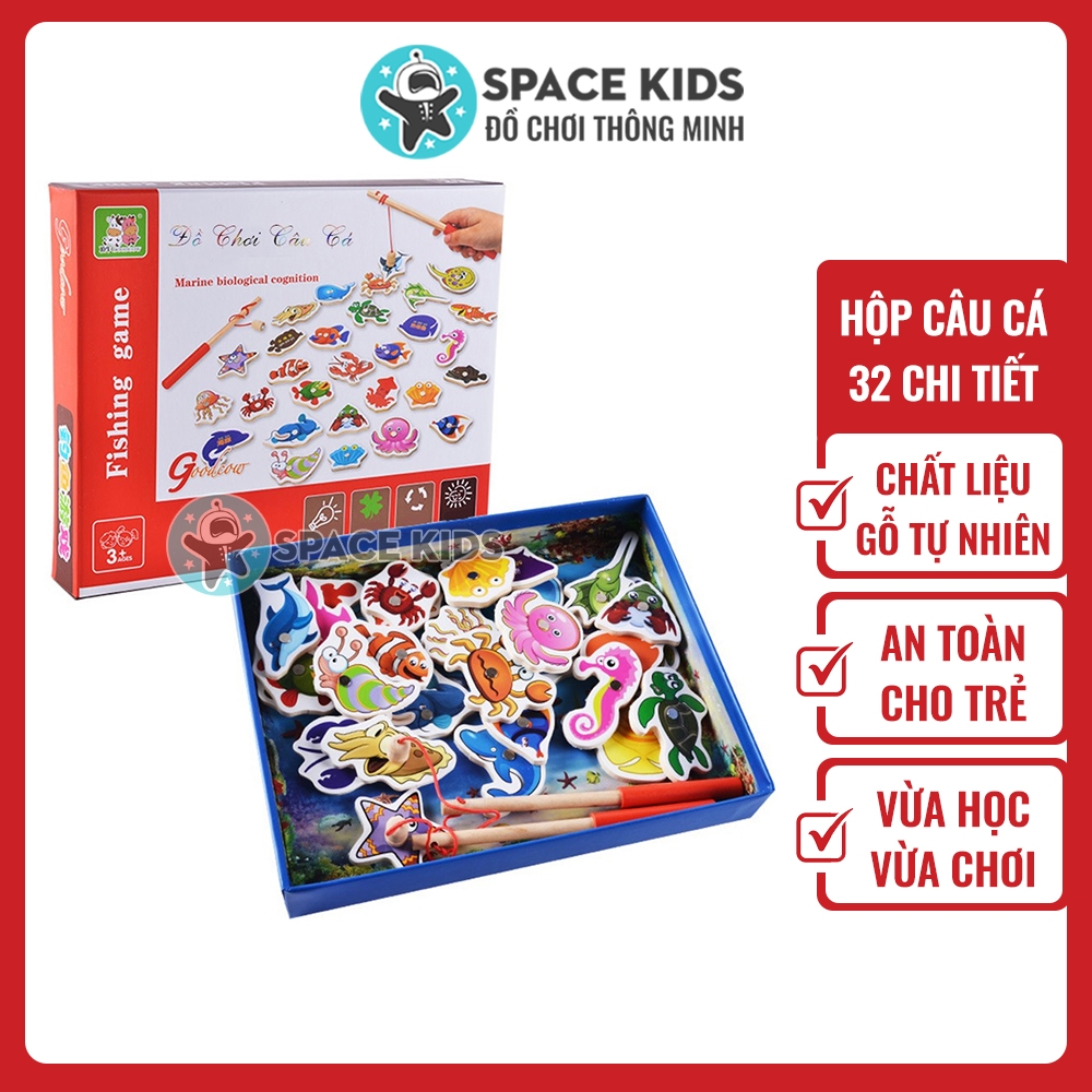 Đồ chơi Câu cá gỗ gắn nam châm 32 chi tiết cho bé, đồ chơi trẻ em câu cá gỗ Space Kids