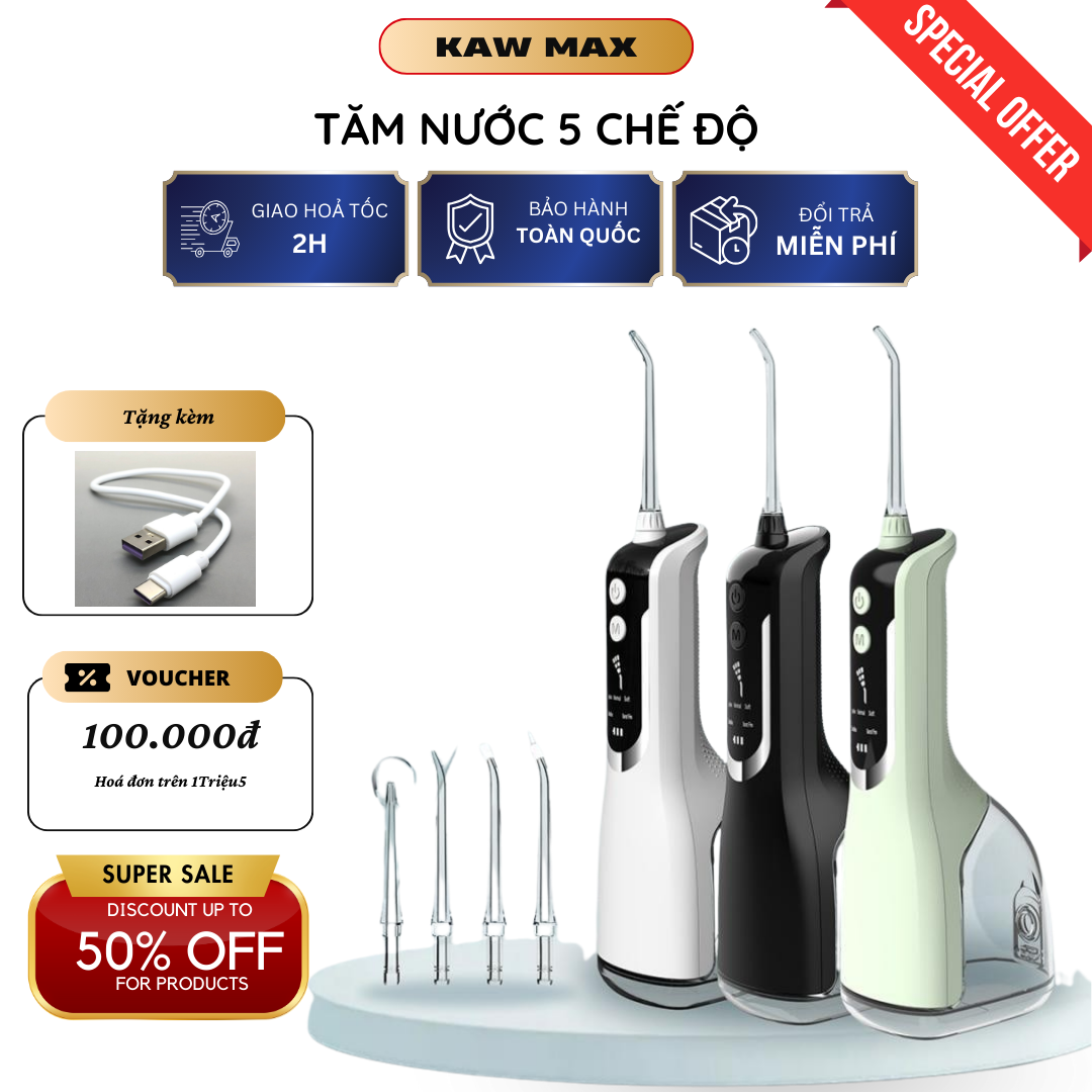 Máy tăm nước KAW màn hình LED dung tích 350ml , 5 chế độ làm sạch, máy tăm nước công nghệ mới vệ sinh răng miệng cao cấp