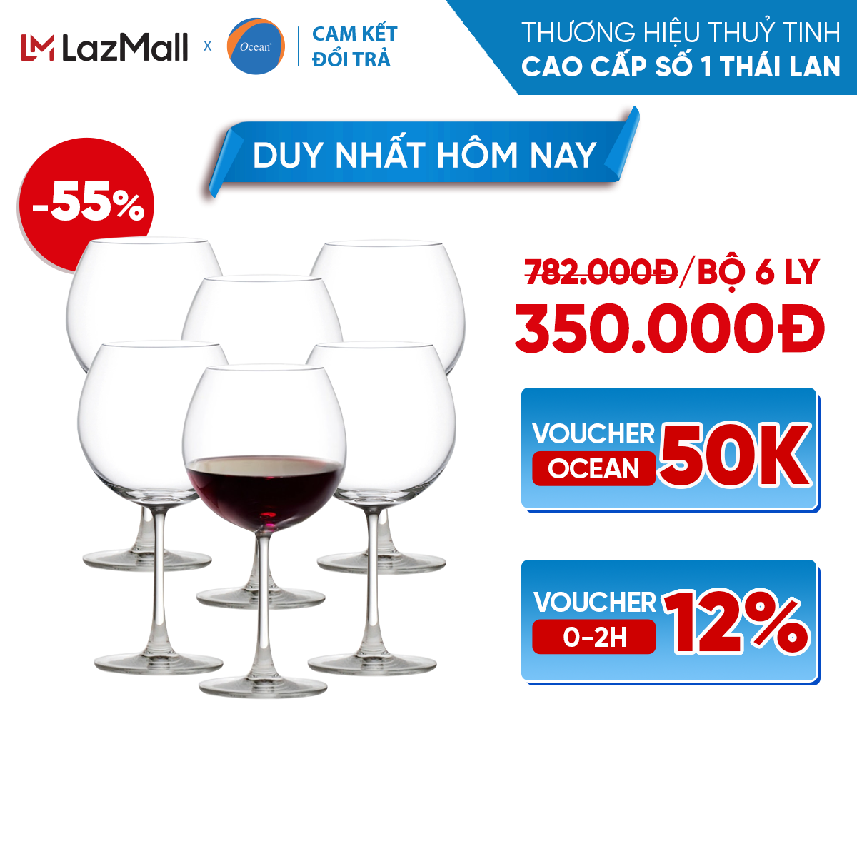 [Cam Kết Đổi Trả Nếu Vỡ] Bộ 6 Ly/Cốc Rượu Thủy Tinh - Ocean Madison Burgundy 650ml - Chính Hãng