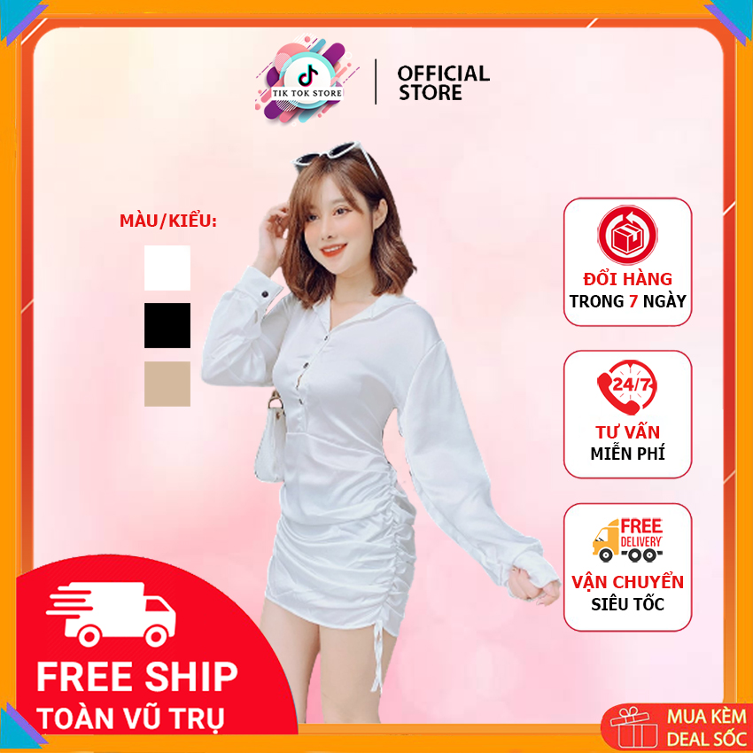 Đầm cổ sơ mi Tik Tok tay dài rút dây 3 màu vải lụa satin thích hợp cả đi chơi lẫn đi làm