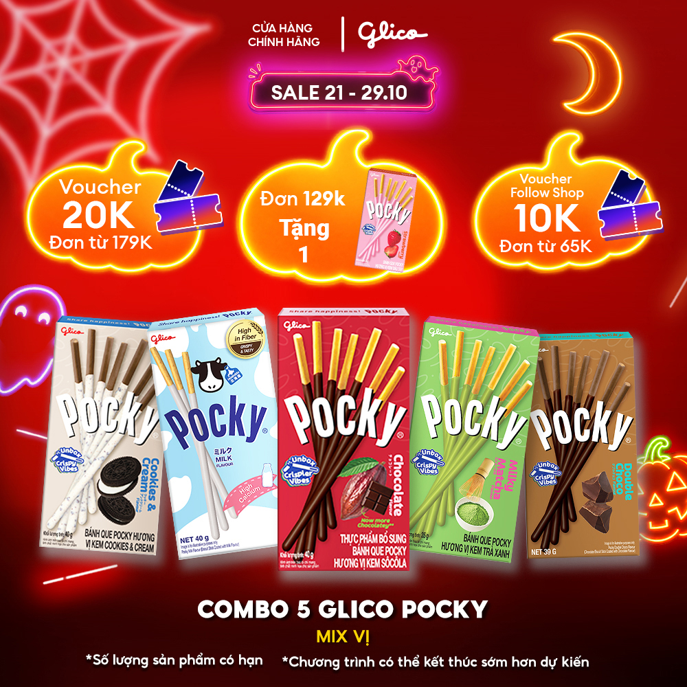 Combo 5 Hộp Mix Vị Bánh Que Phủ Kem Glico Pocky (00461) - 1 Socola _1 Sữa_1 Cookies  Cream_1 Trà Xanh_1 Double Choco)