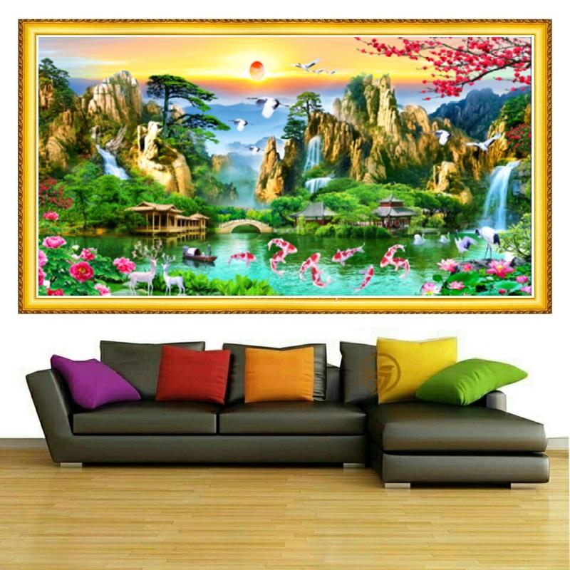 Tranh Đính Đá Phong Cảnh Lưu Thủy Sinh Tài LV455 - KT 130*60CM (Tranh Tự Đính)