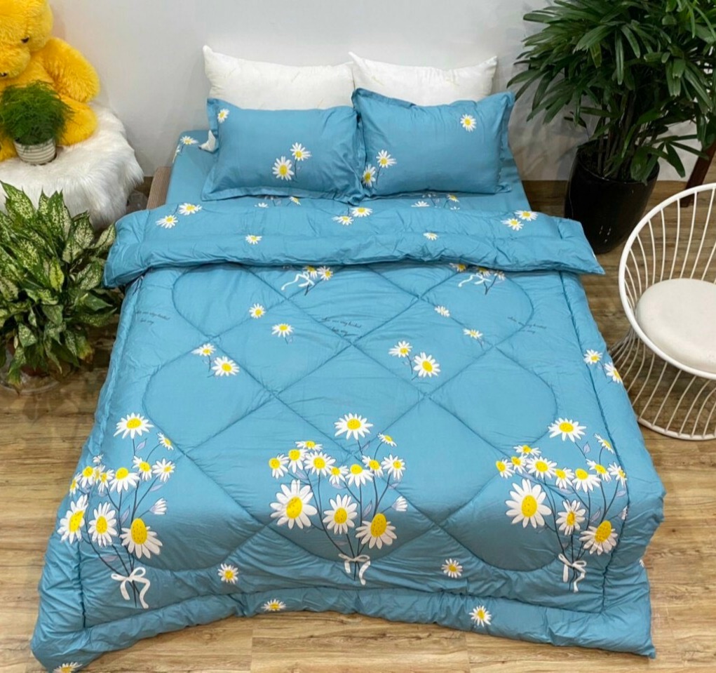 Bộ Chăn Ga Gối Phao Cotton VNXK 5 Món - Hoa Bó Xanh