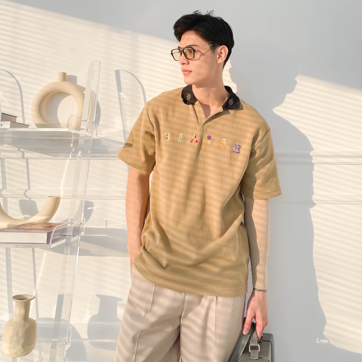 Blankespace áo polo holafloras polo màu beige vải cotton da cá thời trang nam nữ unisex