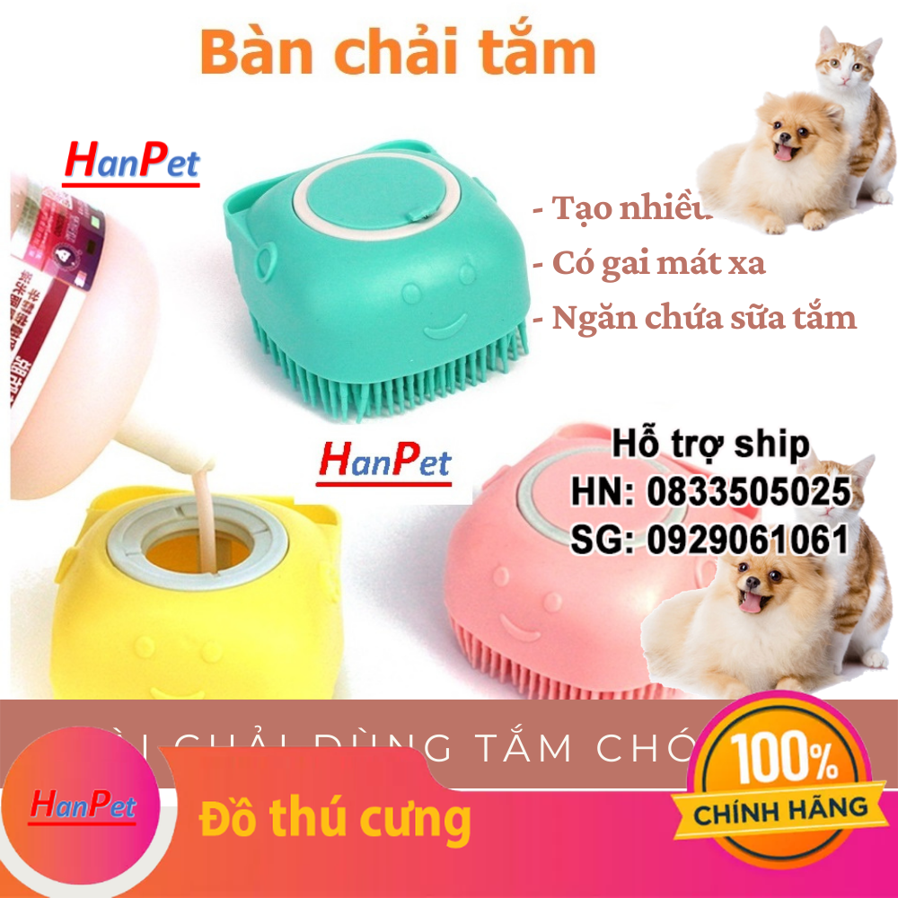 Bàn chải tắm chó mèo đầu silicon massage có khay đựng sữa tắm giúp nhiều bọt