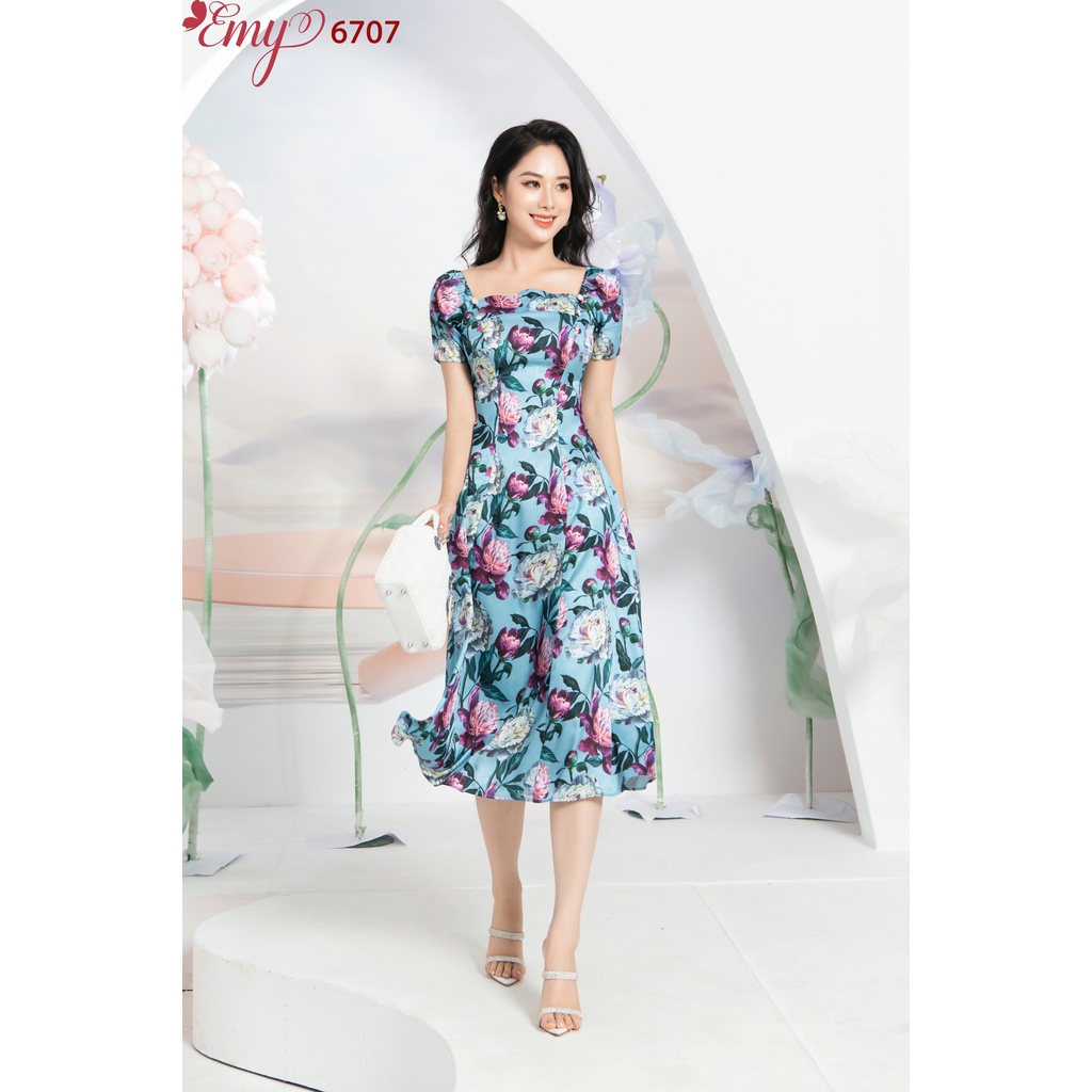 Đầm emy em6707 xoè cổ vuông cách điệu