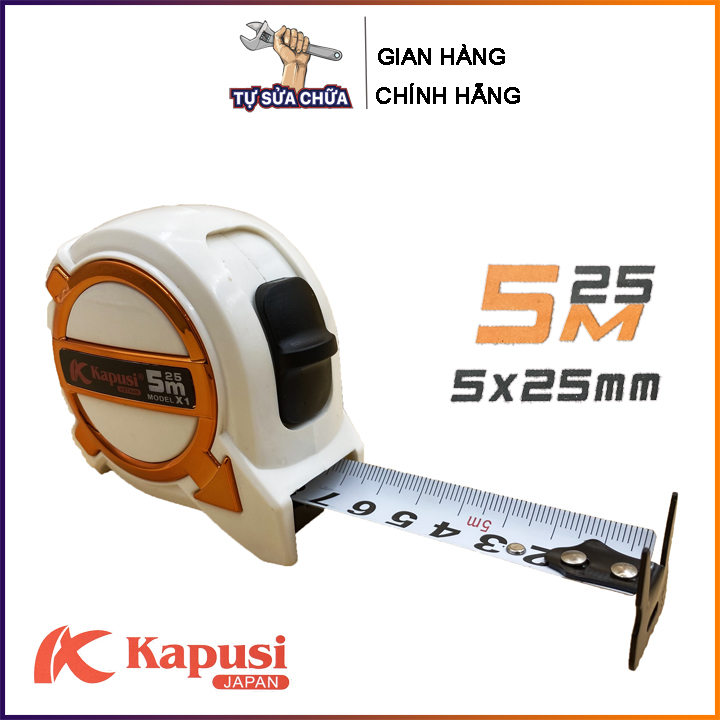 Thước rút, Thước cuộn 2 mặt Kapusi Nhật Bản dài 5m bản rộng 25mm màu trắng nhựa chống vỡ có lỗ ban phong thủy, thuoc cuon, thuoc rut, thước kéo