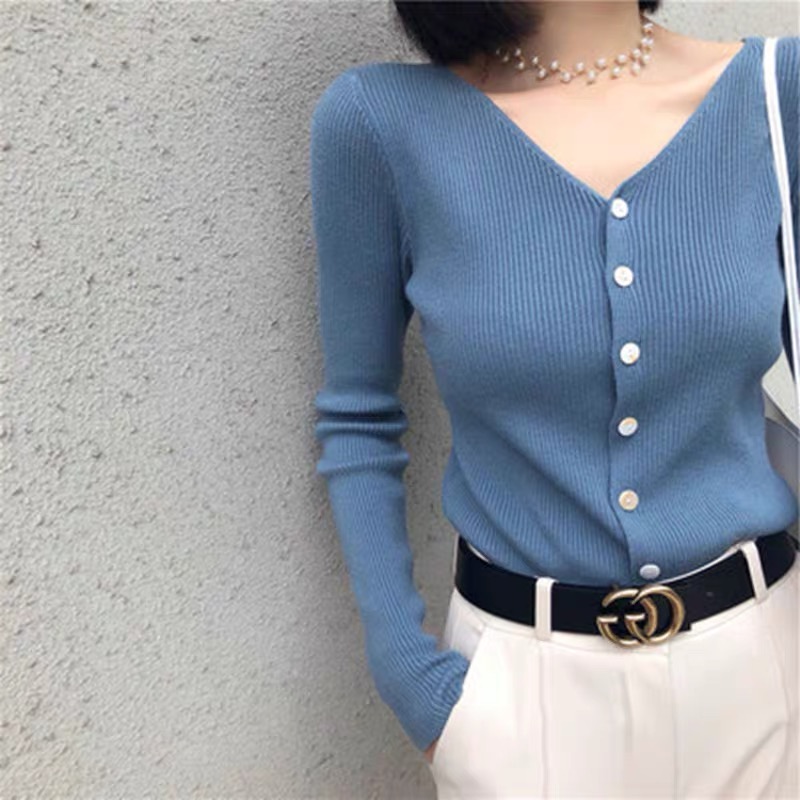 MS493 Áo len tăm nữ cổ tim cài cúc Quảng Châu