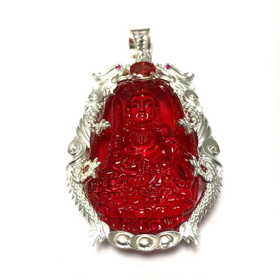 Mặt dây nam bản mệnh ngài Van Thù Bồ Tát màu ĐỎ bọc rồng chầu bạc ta cao cấp cho người tuổi Mão Bạc QTJ - MBM12(ĐỎ)