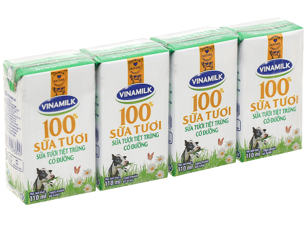 Vỉ 4 hộp sữa tươi vinamilk 100% có đường - loại 110ml